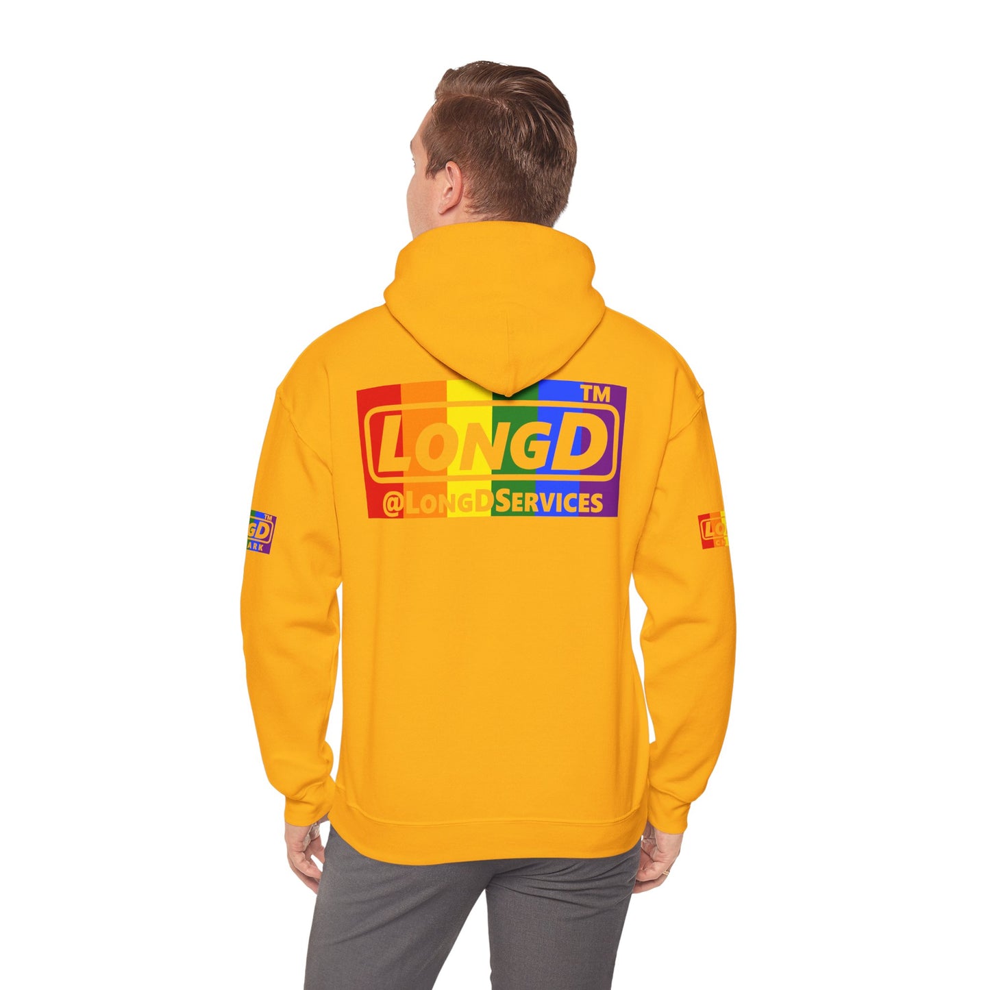 LongD® negative vertical striped 4-print Hyde Park logo hoodie (Pride colors)