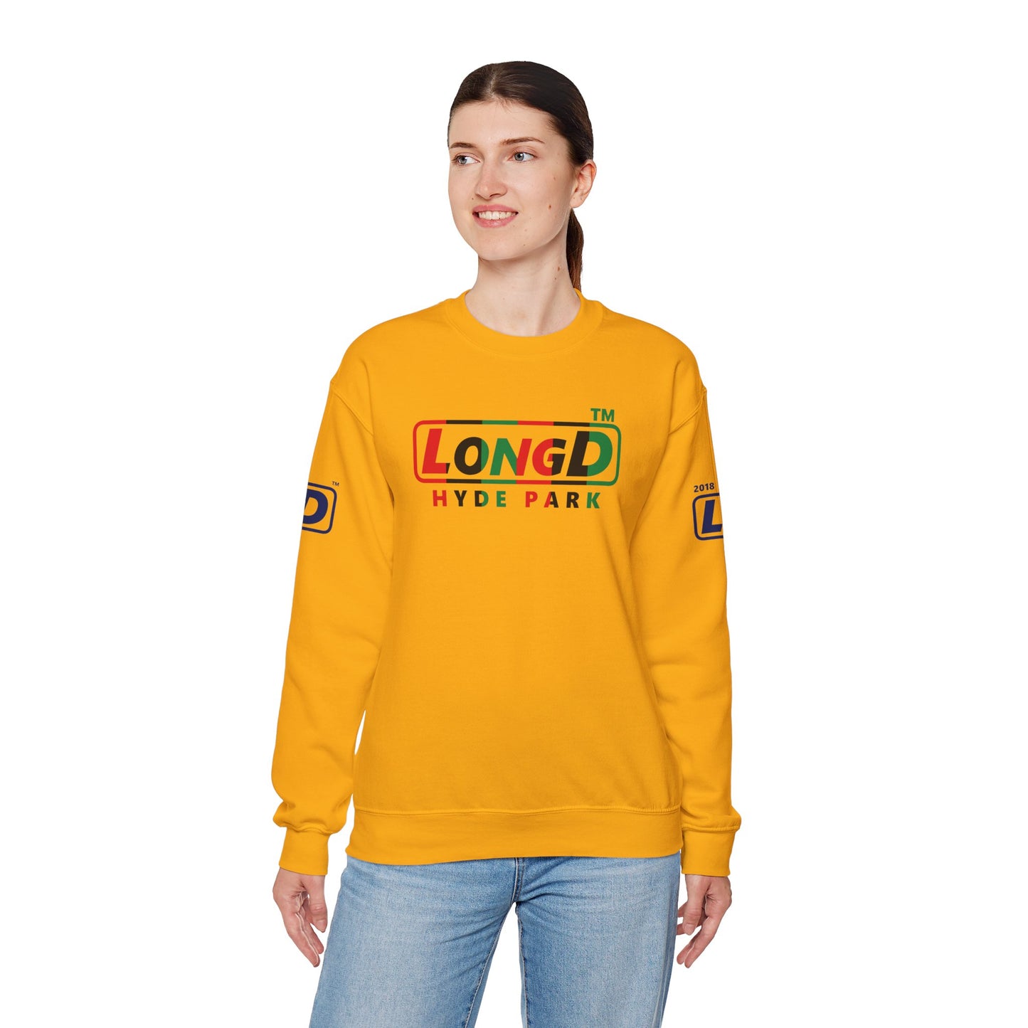 LongD positive vertical 6-striped 4-print Hyde Park logo crewneck sweatshirt (Juneteenth colors)