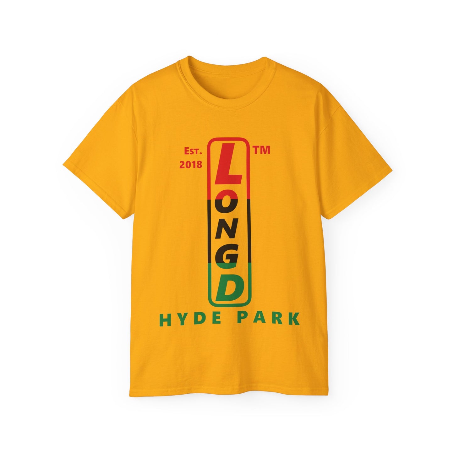 LongD Cotton Tee positive horizontal striped Hyde Park upright logo (Juneteenth colors)