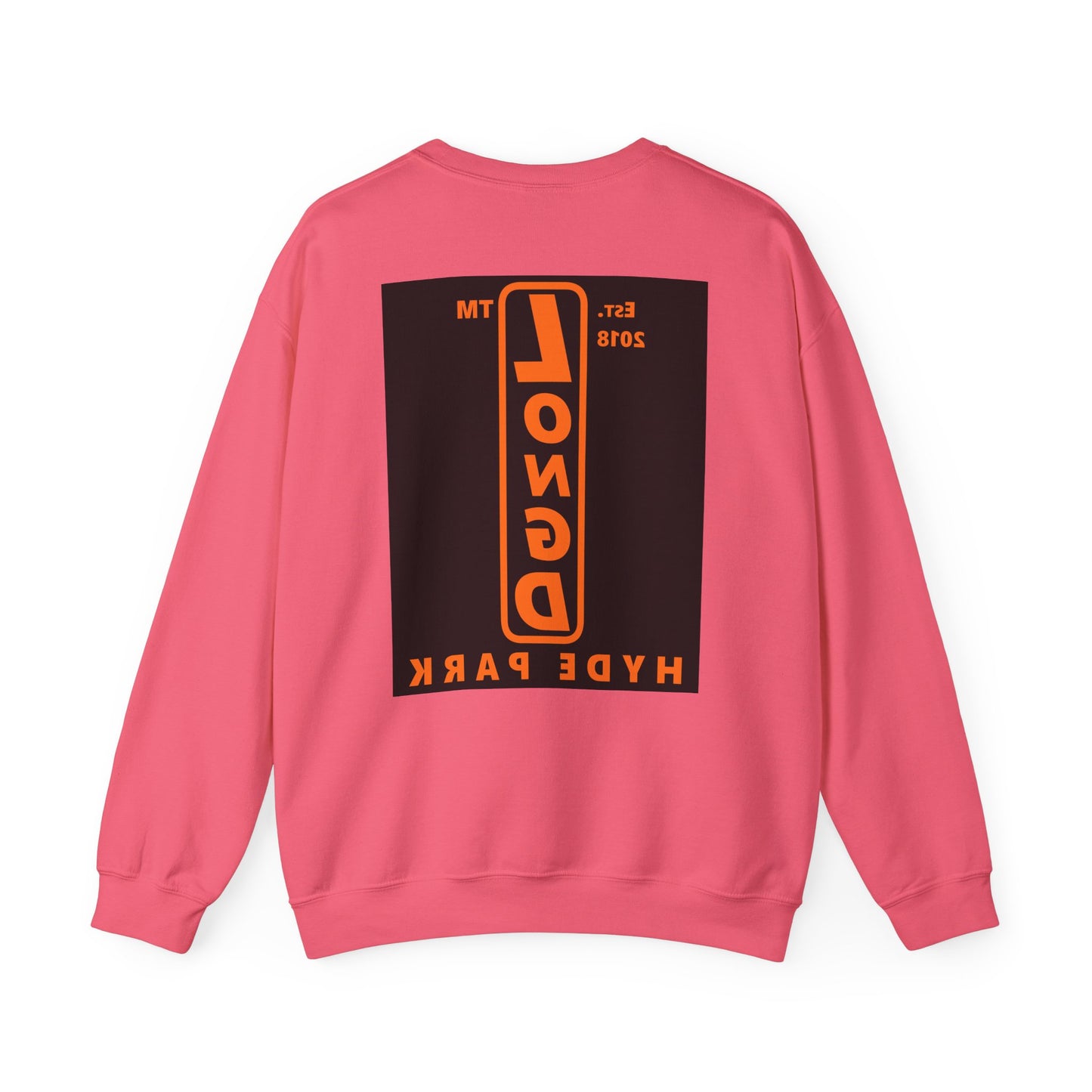 LongD Hyde Park upright front-back logo orange (FE7518) on Black (000000) crewneck sweatshirt