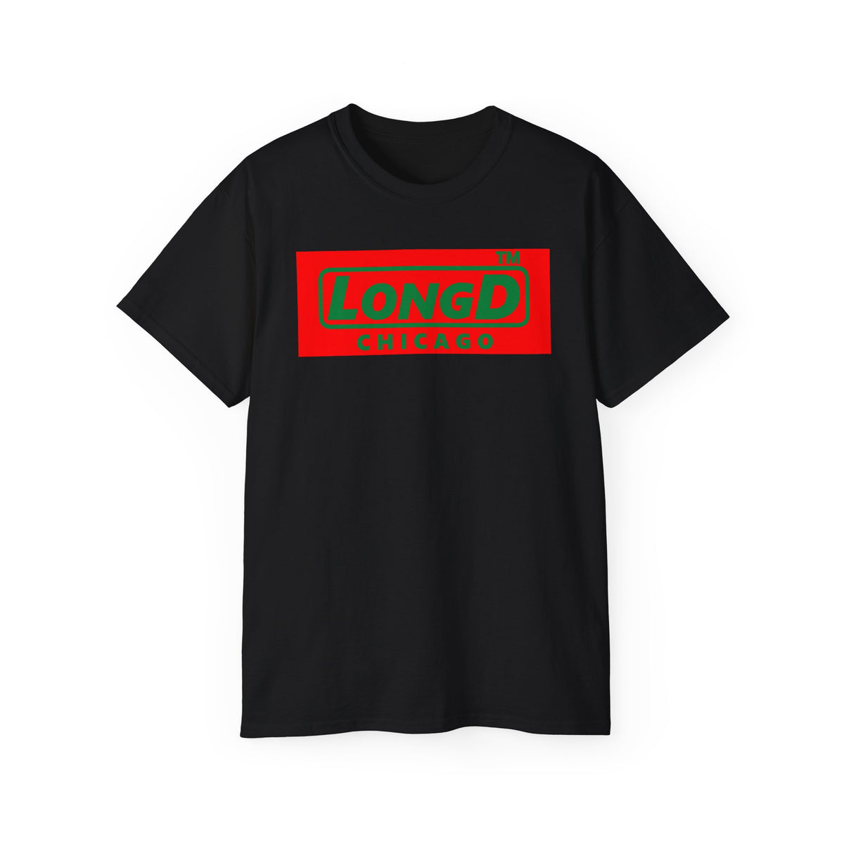LongD Chicago logo positive green on negative red (Xmas colors) cotton tee