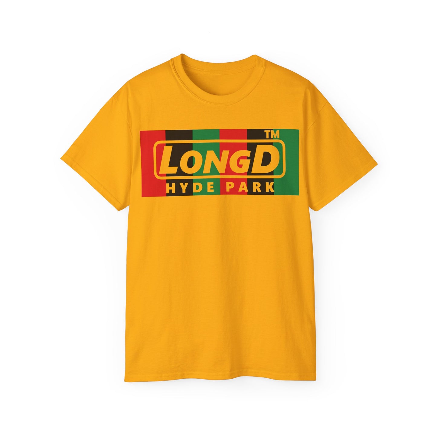 LongD negative vertical 6-striped Hyde Park logo front-back cotton tee (Juneteenth colors)