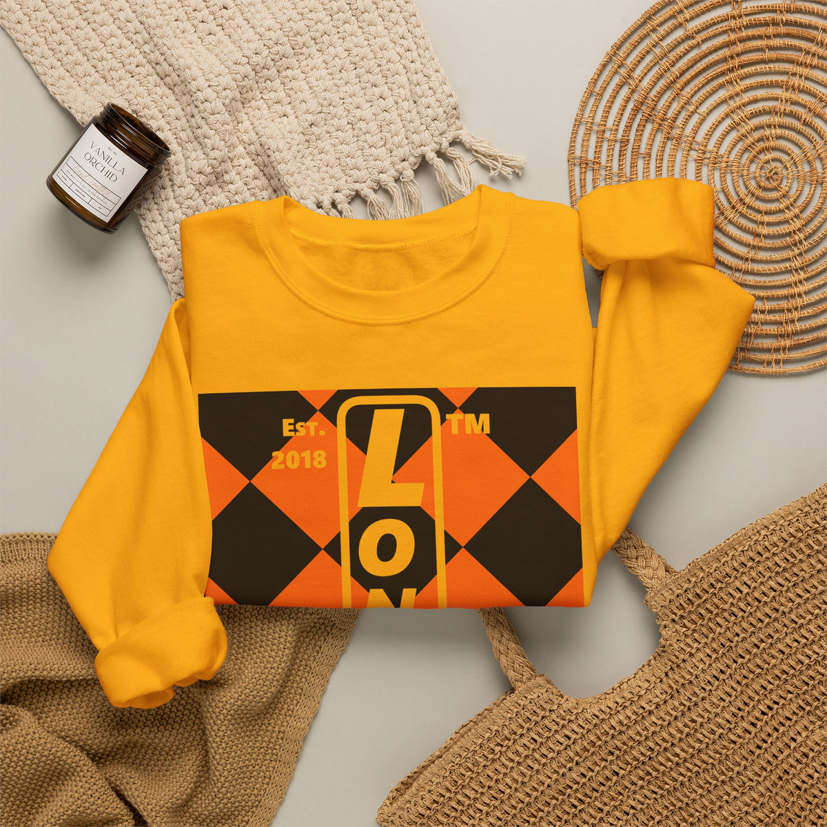 LongD Hyde Park negative upright argyle logo (Halloween colors) crewneck sweatshirt
