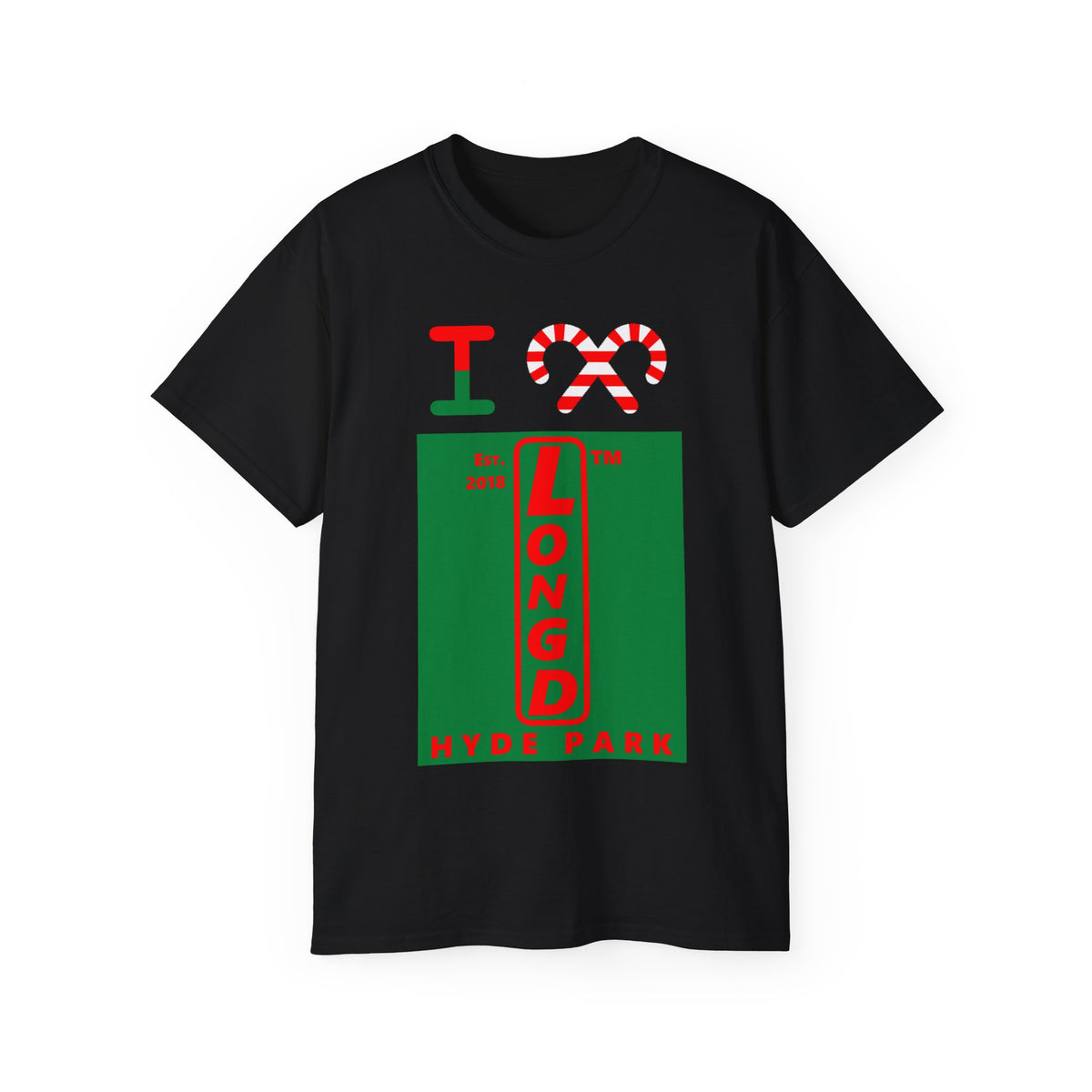 I candy cane LongD Hyde Park upright front-back logo positive red on negative green cotton tee