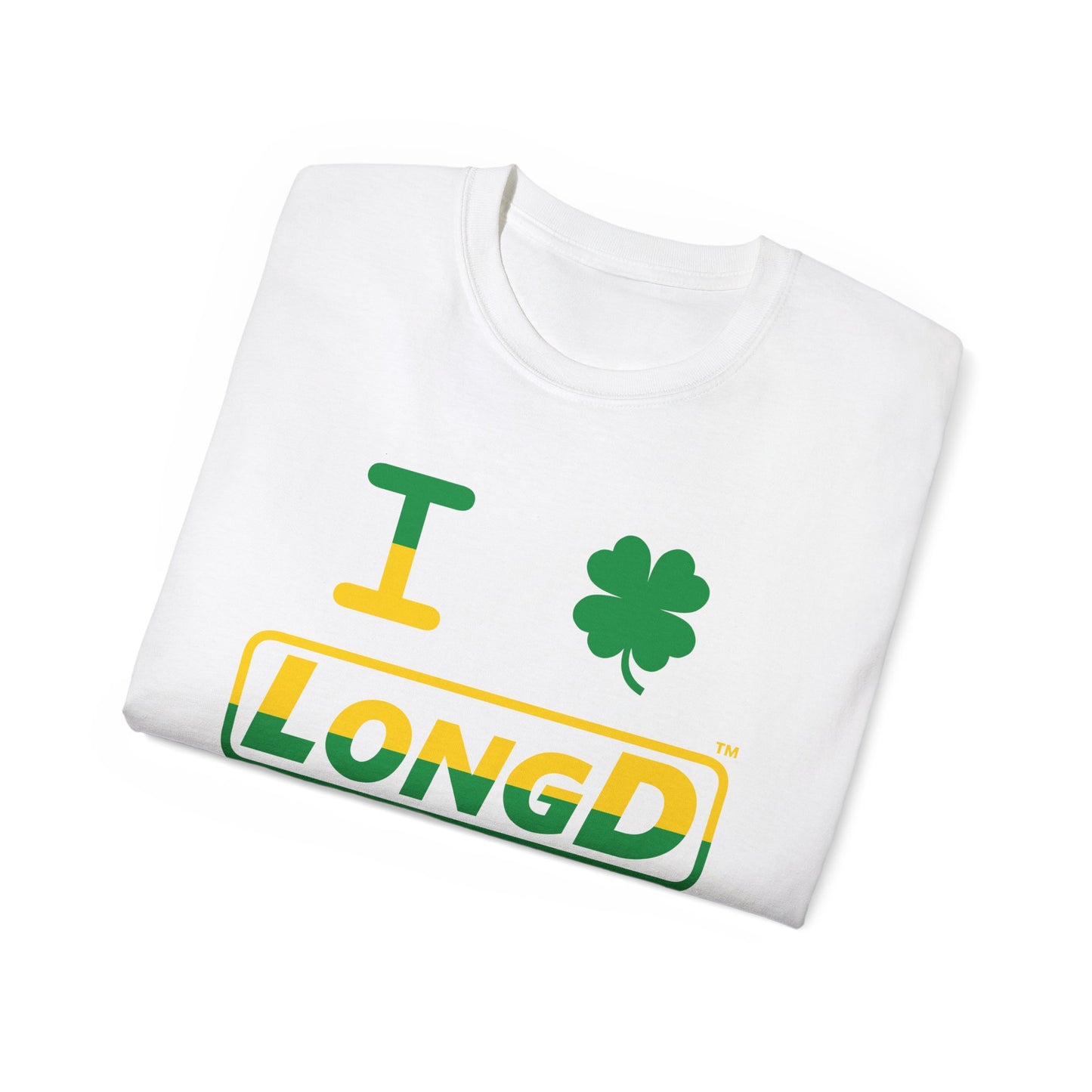 I Clover LongD® Logo Cotton Tee (St. Patrick's Day -Irish Green and Golden Yellow top-bottom split with 4-leaf clover)