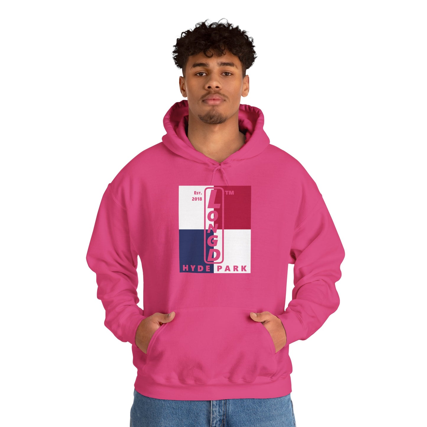 LongD® negative quarters upright Hyde Park logo hoodie (Patriotic colors)