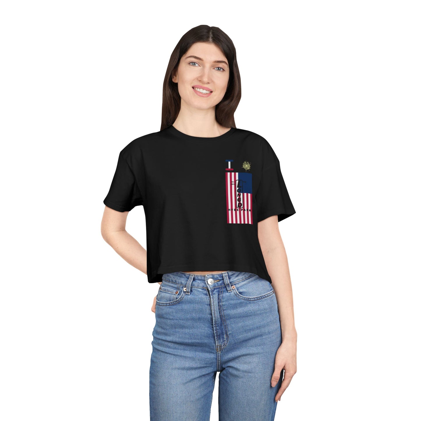 I burst LongD negative flag upright single-breasted Hyde Park logo crop tee