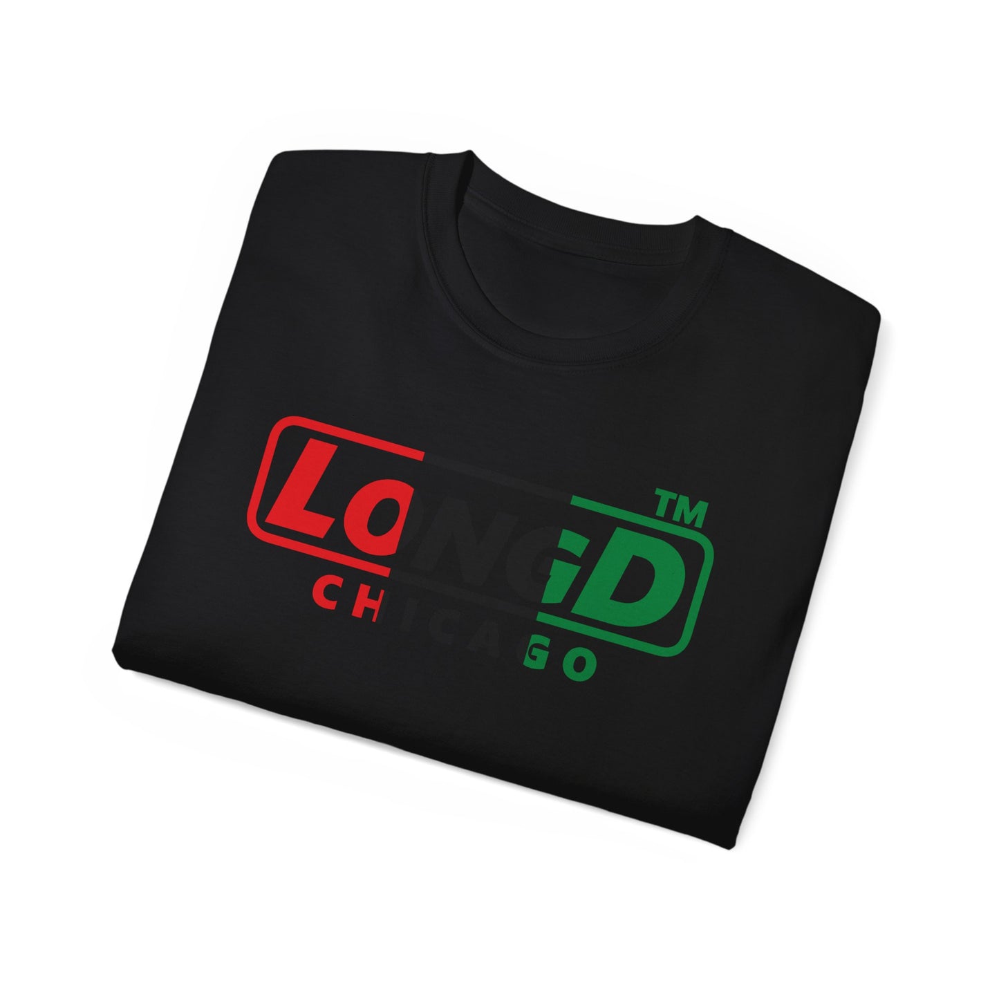 LongD positive vertical 3-striped Chicago logo cotton tee (Juneteenth colors)