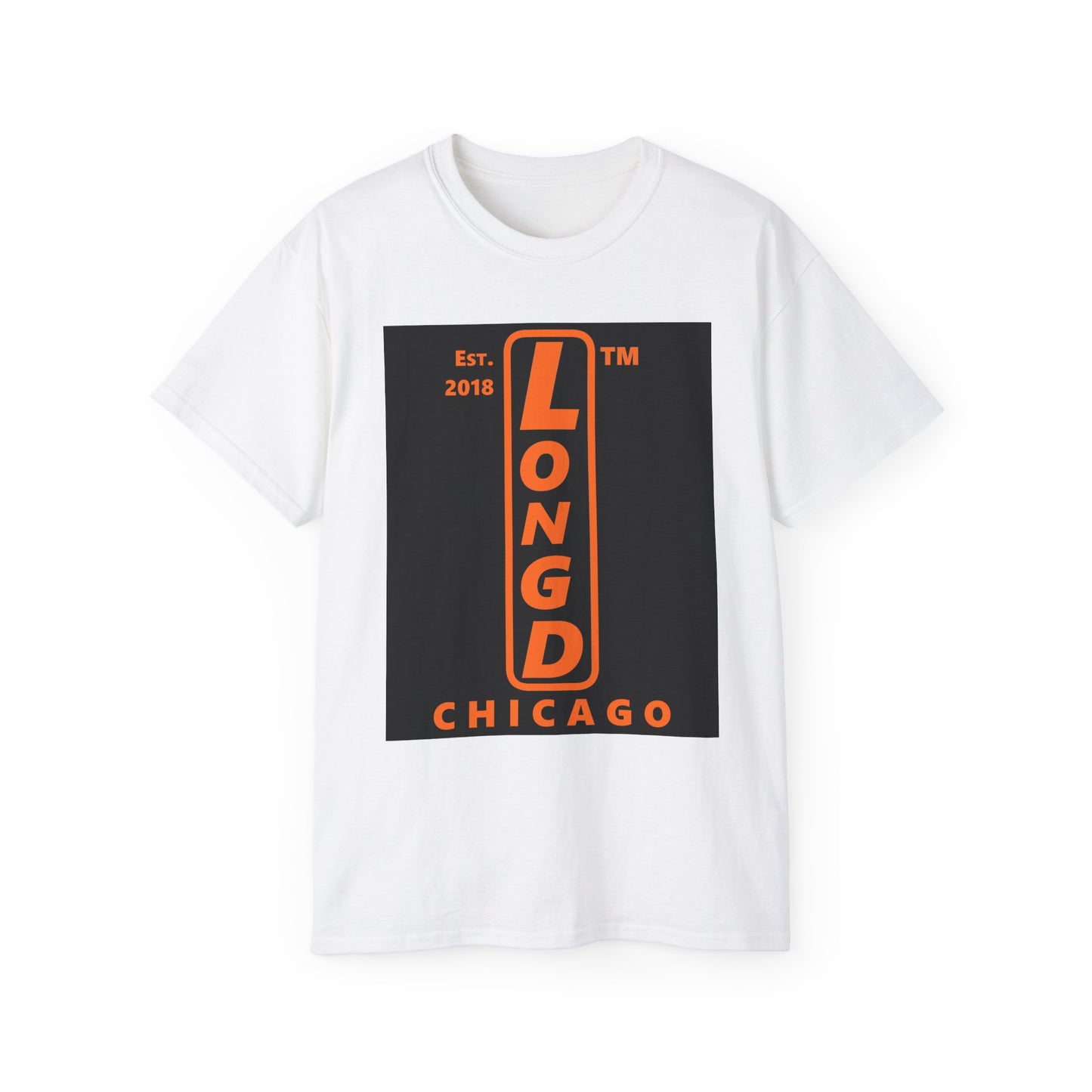LongD Chicago upright front-back logo orange (FE7518) on Black (000000) cotton tee