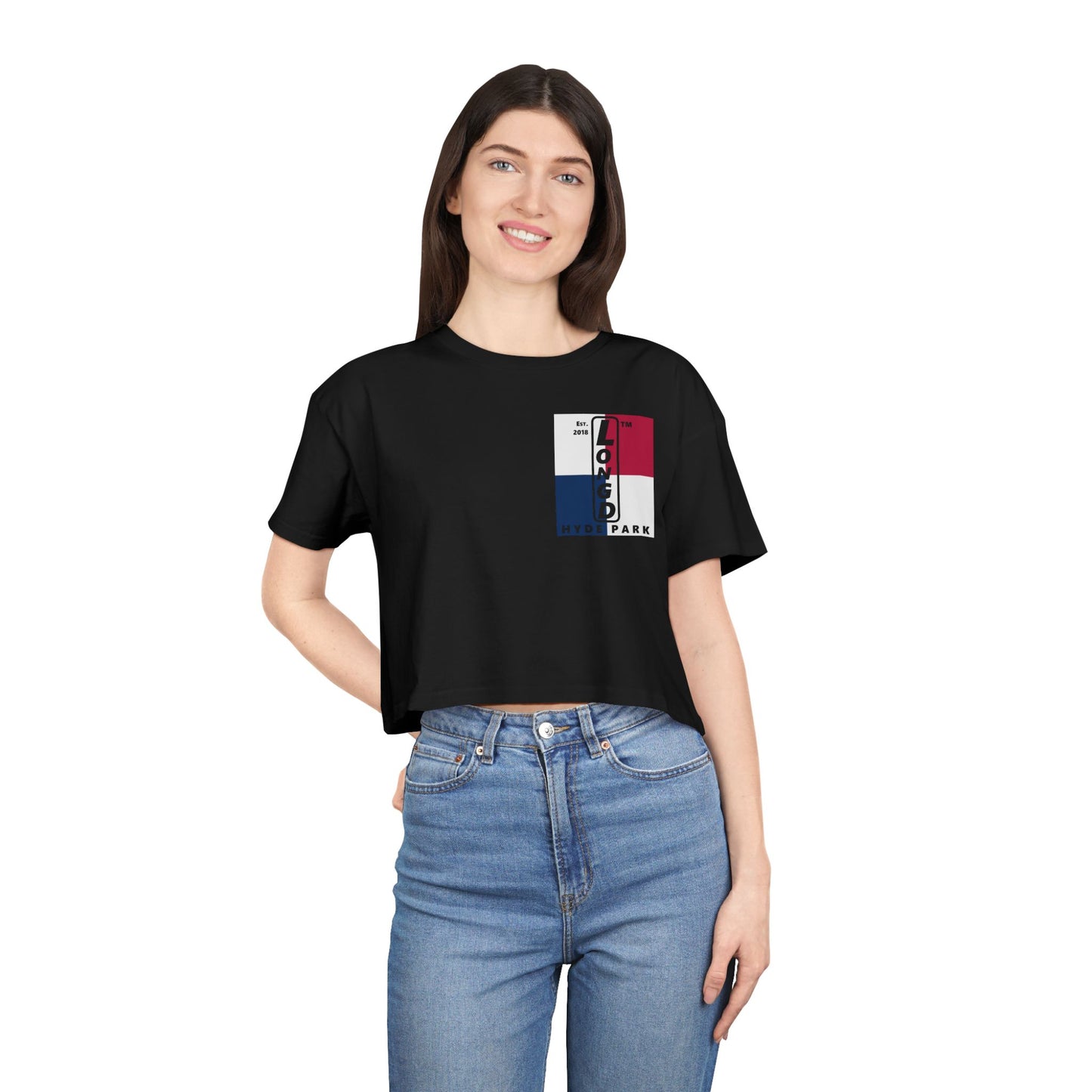 Negative quarters upright single-breasted Hyde Park logo crop tee (Patriotic colors)