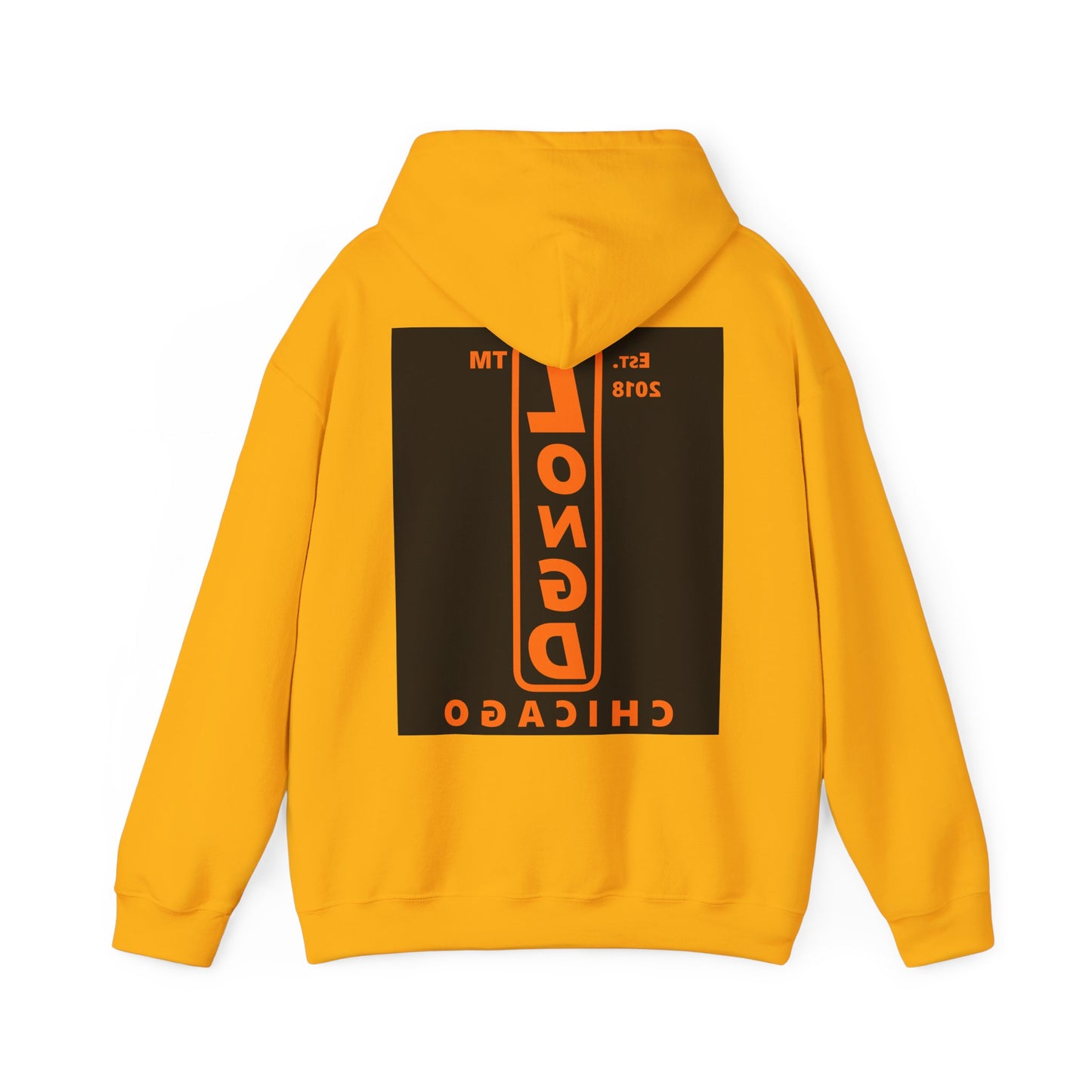 LongD Chicago upright front-back logo orange (FE7518) on Black (000000) hoodie