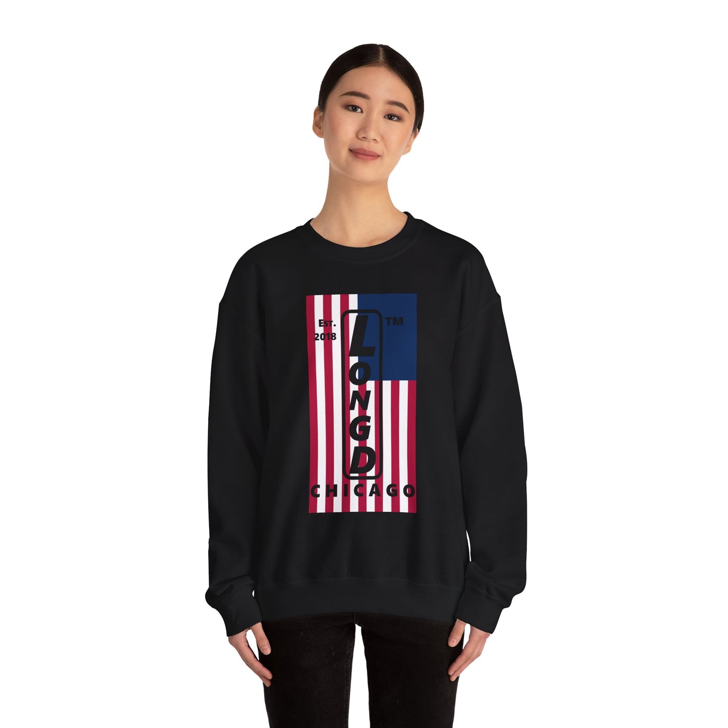 LongD negative flag Chicago logo crewneck sweatshirt (patriotic colors)