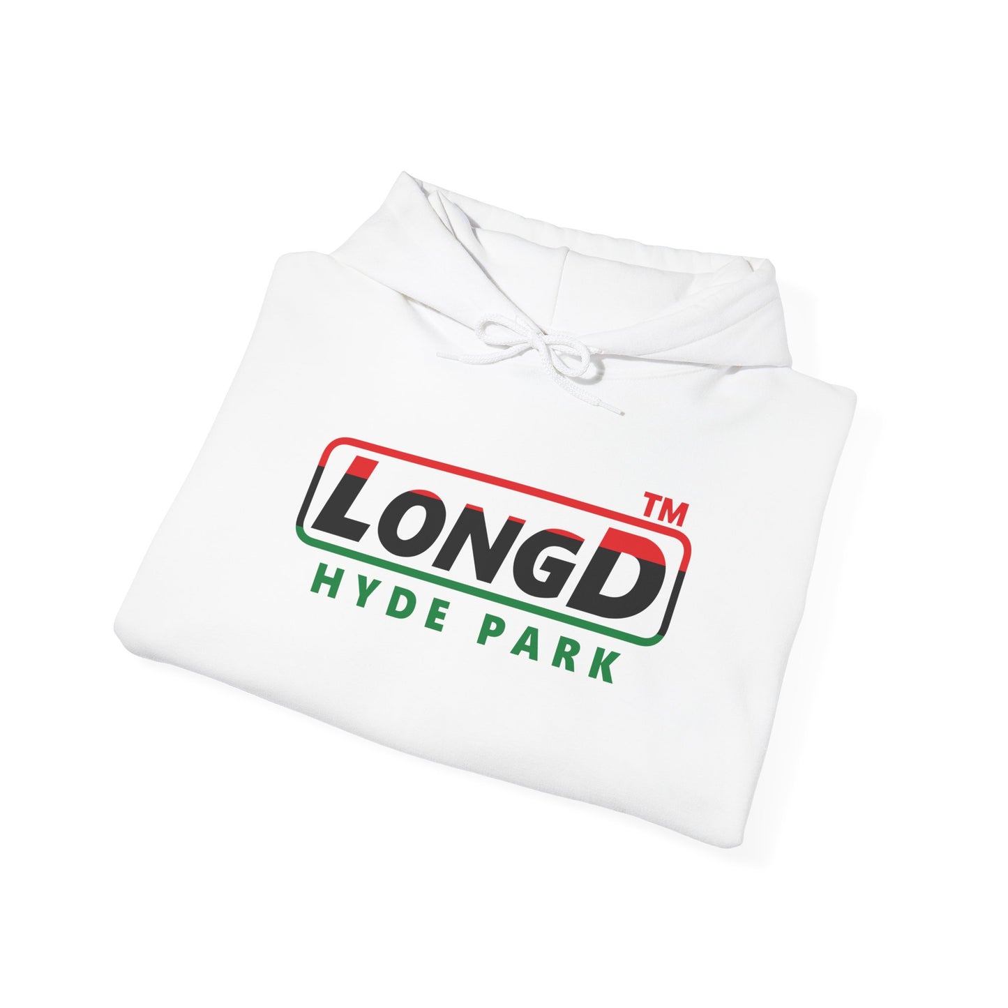 LongD® positive horizontal 3-striped Hyde Park logo Hoodie (Juneteenth colors)