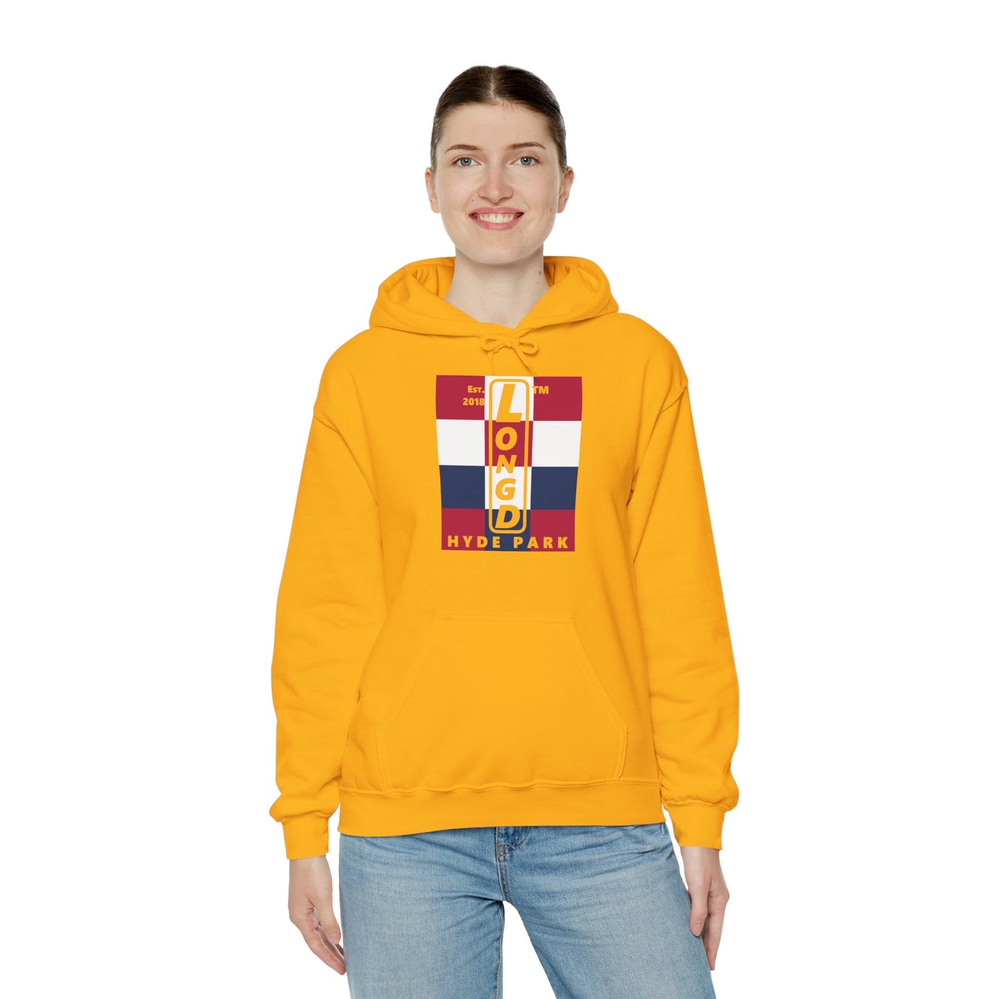 LongD® negative 4x3 upright Hyde Park logo hoodie (Patriotic colors)