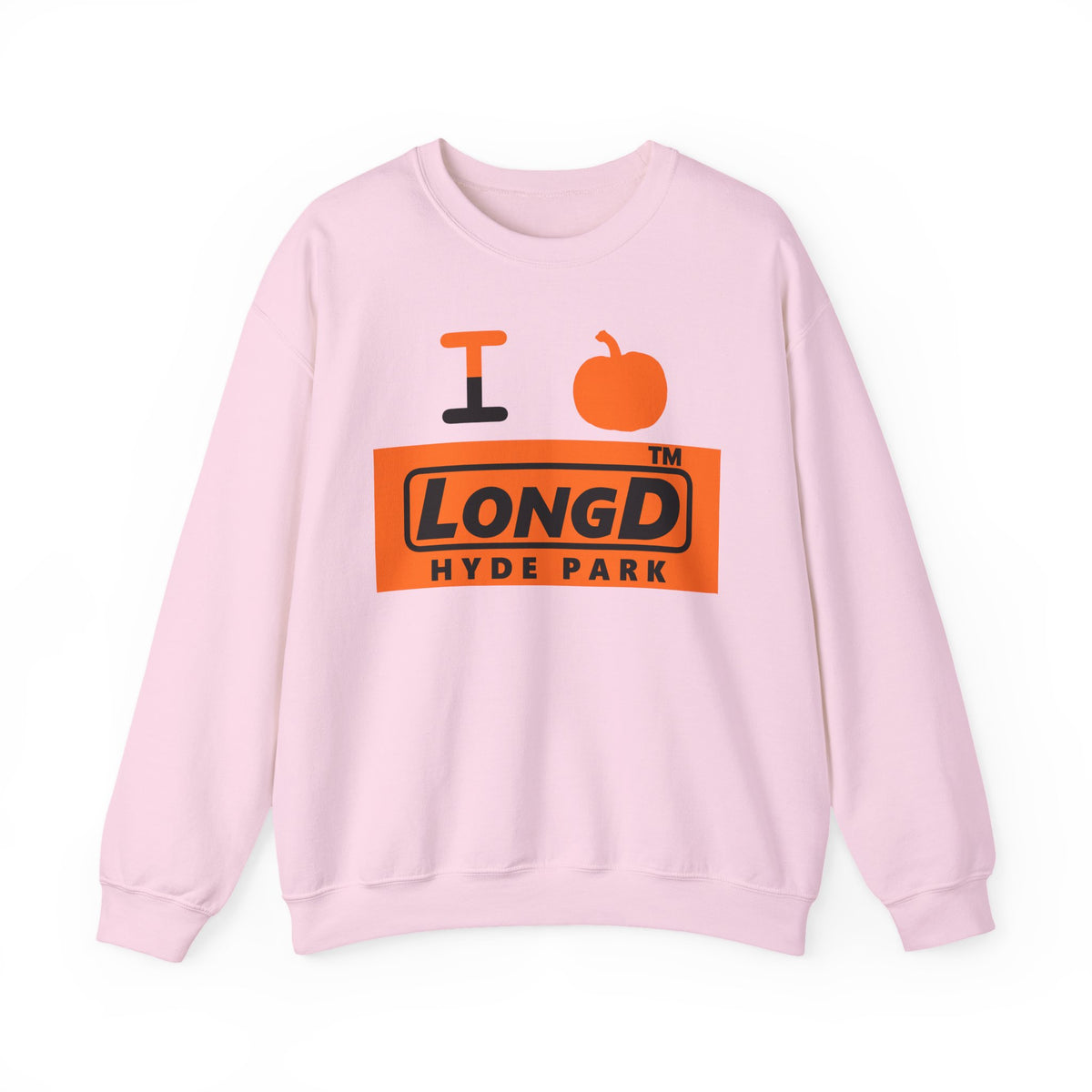 I pumpkin LongD Hyde Park logo positive black on negative orange crewneck sweatshirt