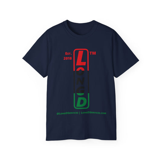 LongD Cotton Tee positive horizontal striped tag-domain upright logo (Juneteenth colors)