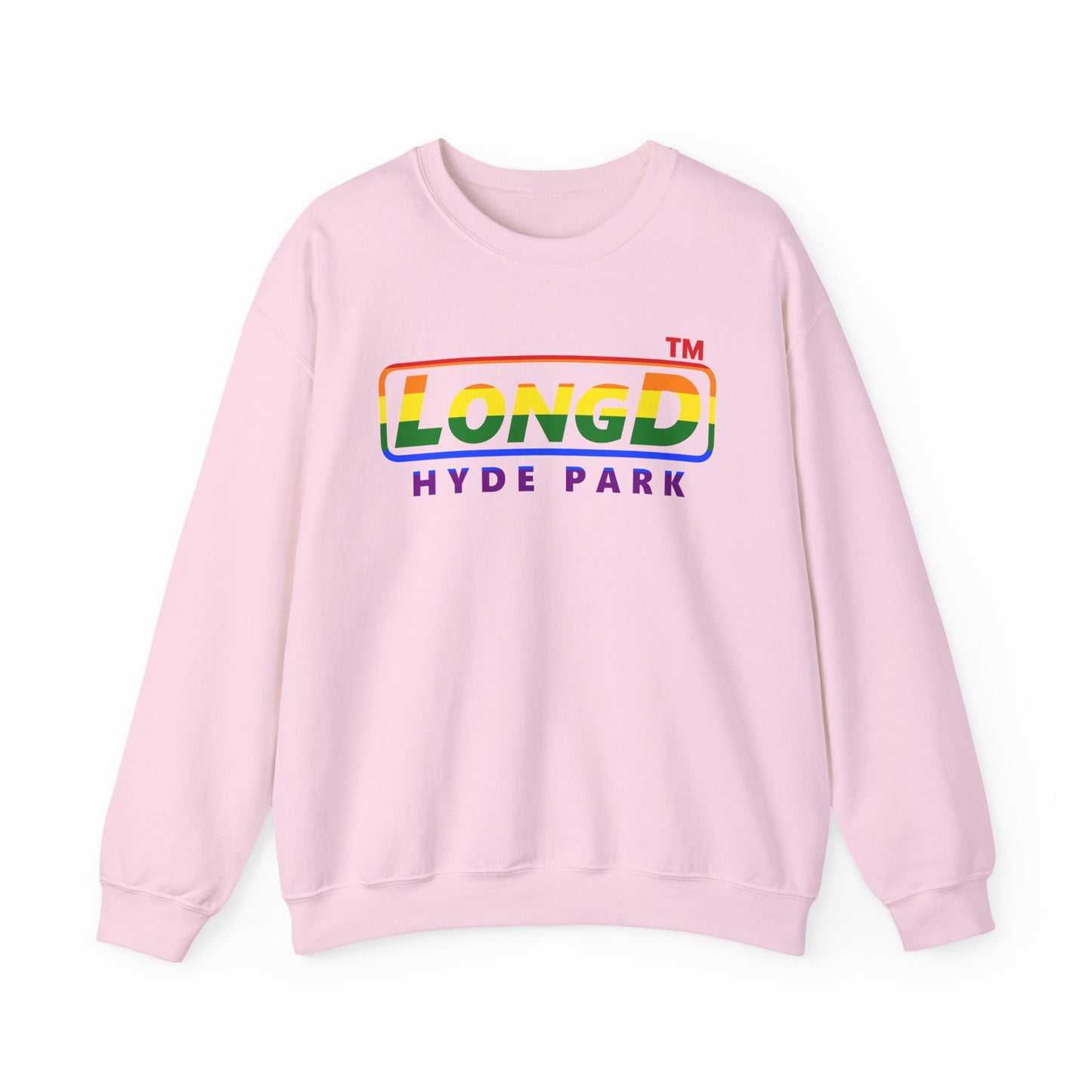 LongD positive horizontal striped front-back Hyde Park logo crewneck sweatshirt (Pride colors)