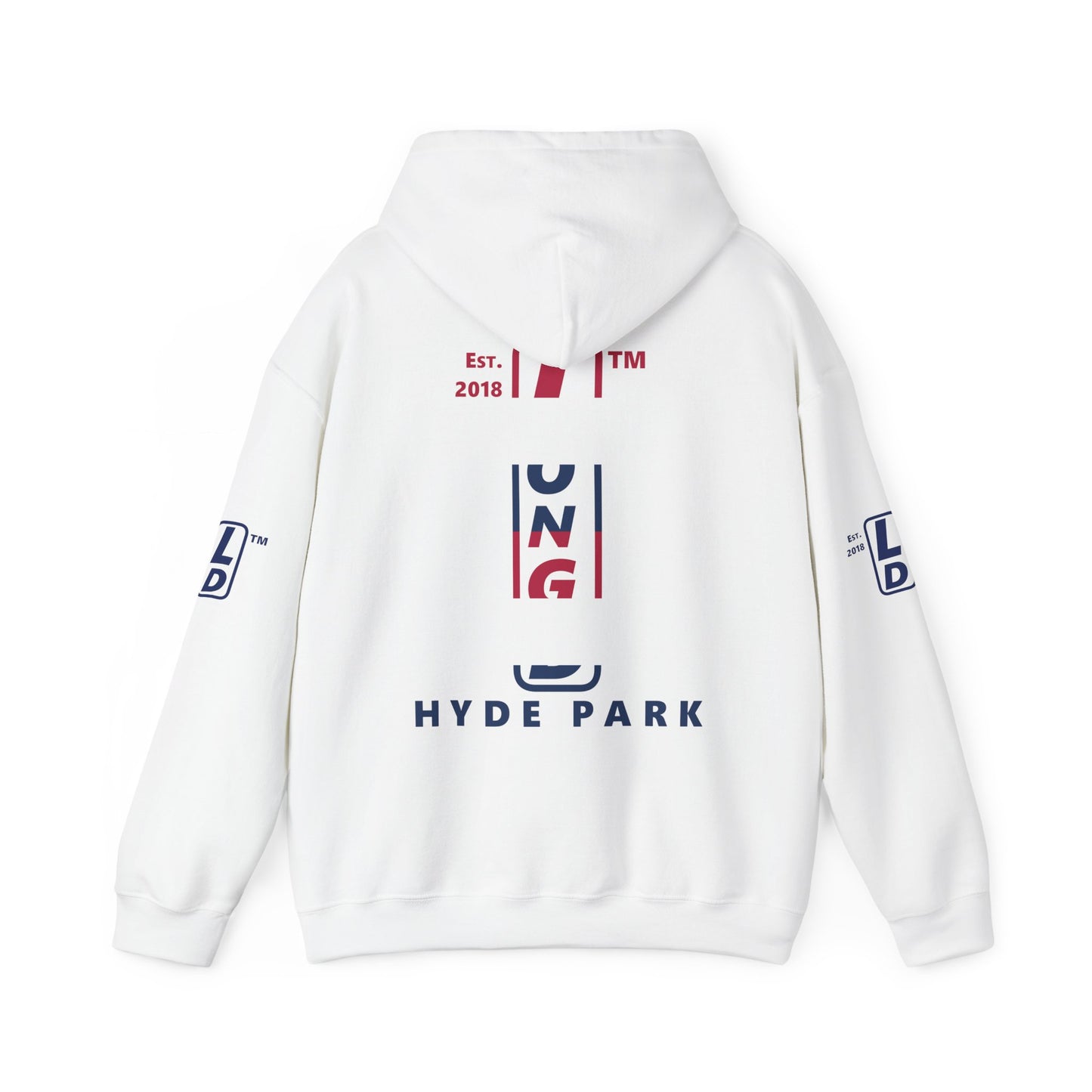 LongD® positive horizontal 6-striped Hyde Park 4-print upright logo hoodie (patriotic colors)