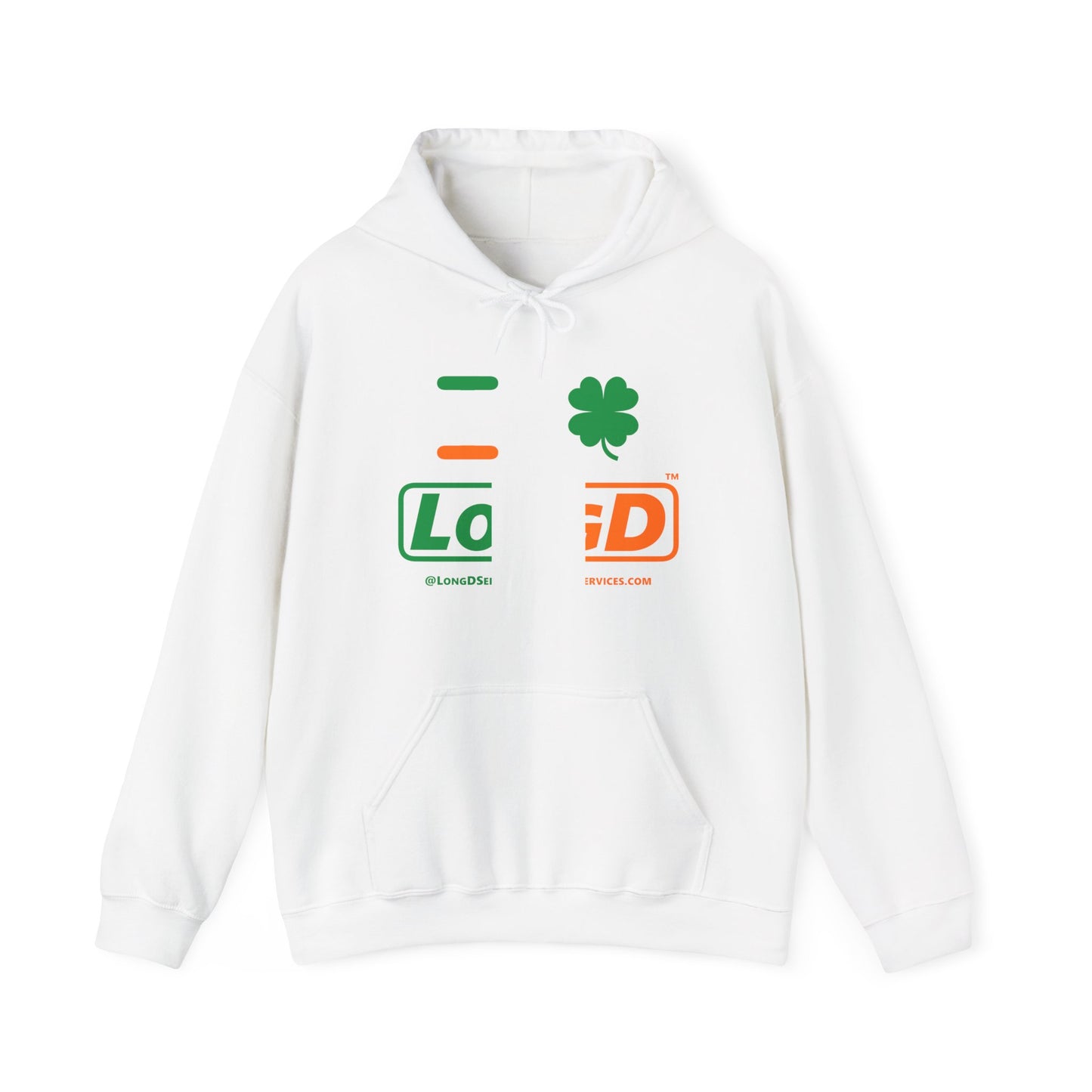 I Clover LongD® Logo Hoodie (St. Patrick's Day Irish Green-Irish Orange-White text)