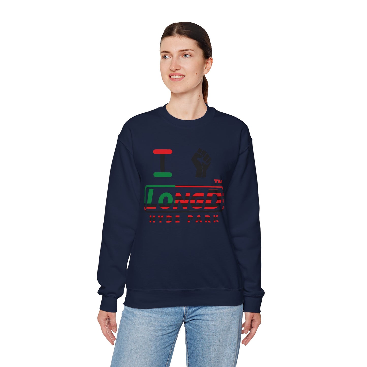 I fist LongD positive flag Hyde Park logo crewneck sweatshirt