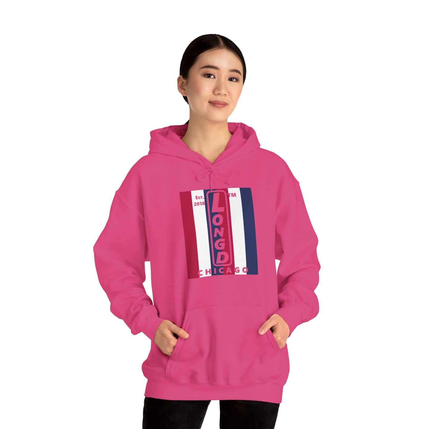 LongD® negative vertical 6-striped upright Chicago logo hoodie