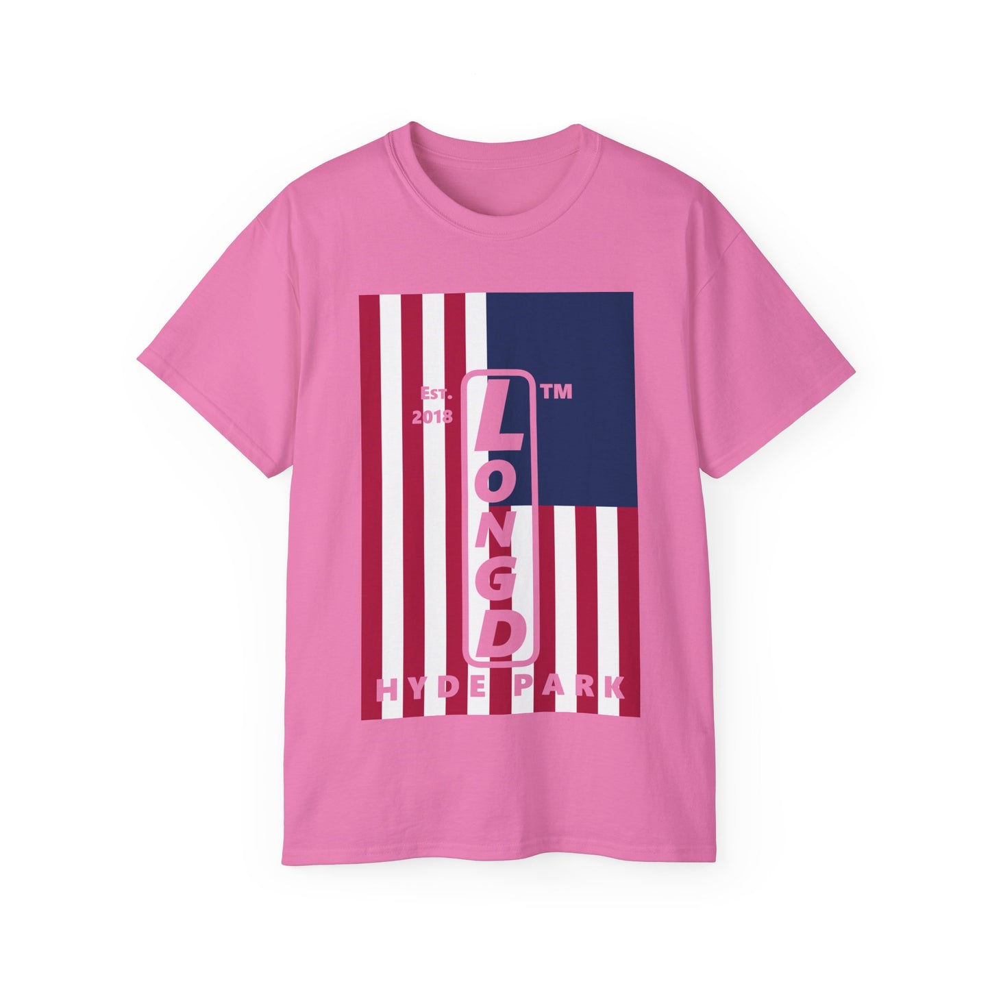 LongD cotton tee negative cropped flag Hyde Park upright logo (Patriotic colors)