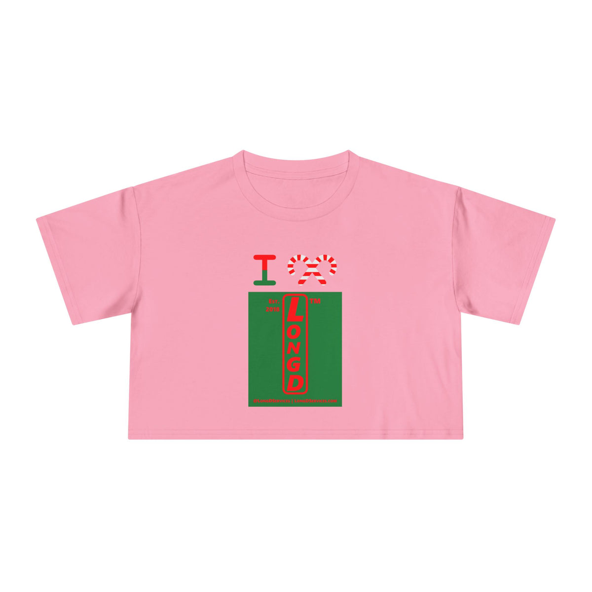 I candy cane LongD Tag-domain upright front-back logo positive red on negative green crop tee