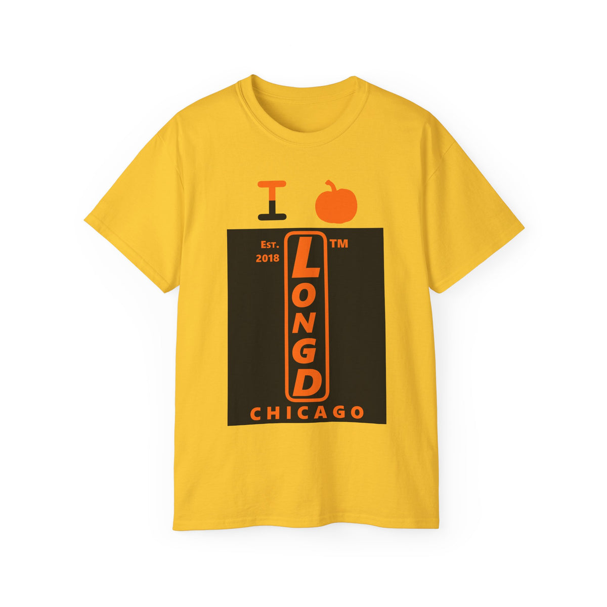 I pumpkin LongD Chicago upright logo positive orange on negative black cotton tee