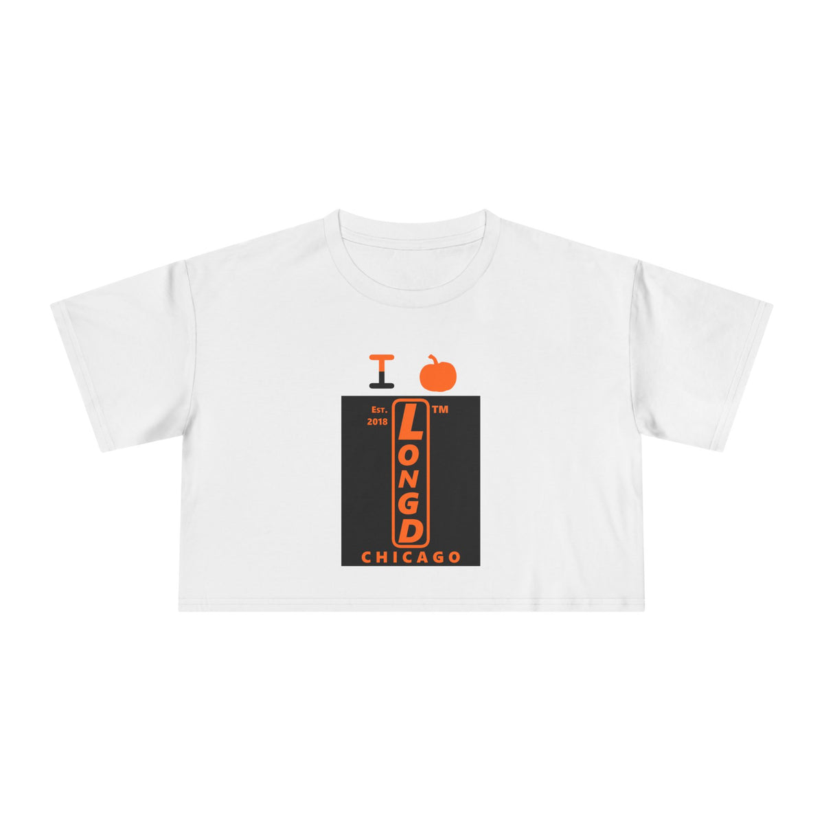 I pumpkin LongD Chicago upright logo positive orange on negative black crop tee