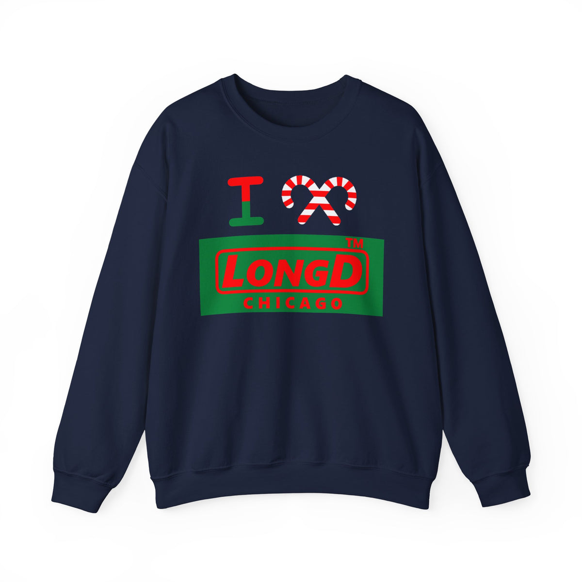 I candy cane LongD Chicago logo positive red on negative green crewneck sweatshirt