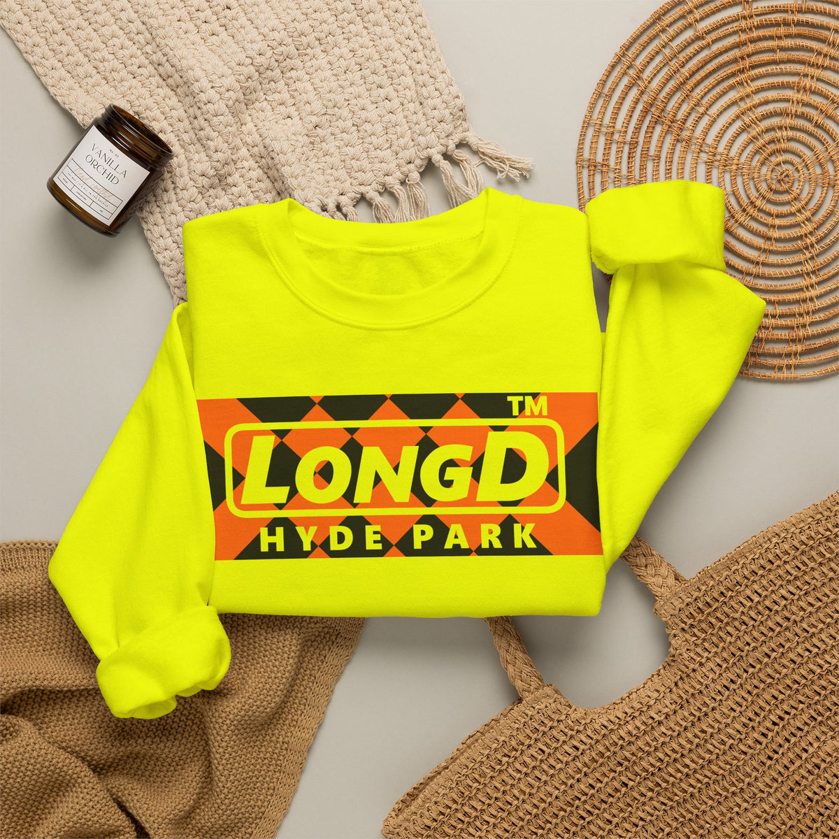 LongD Hyde Park negative stylized argyle logo (Halloween colors) crewneck sweatshirt