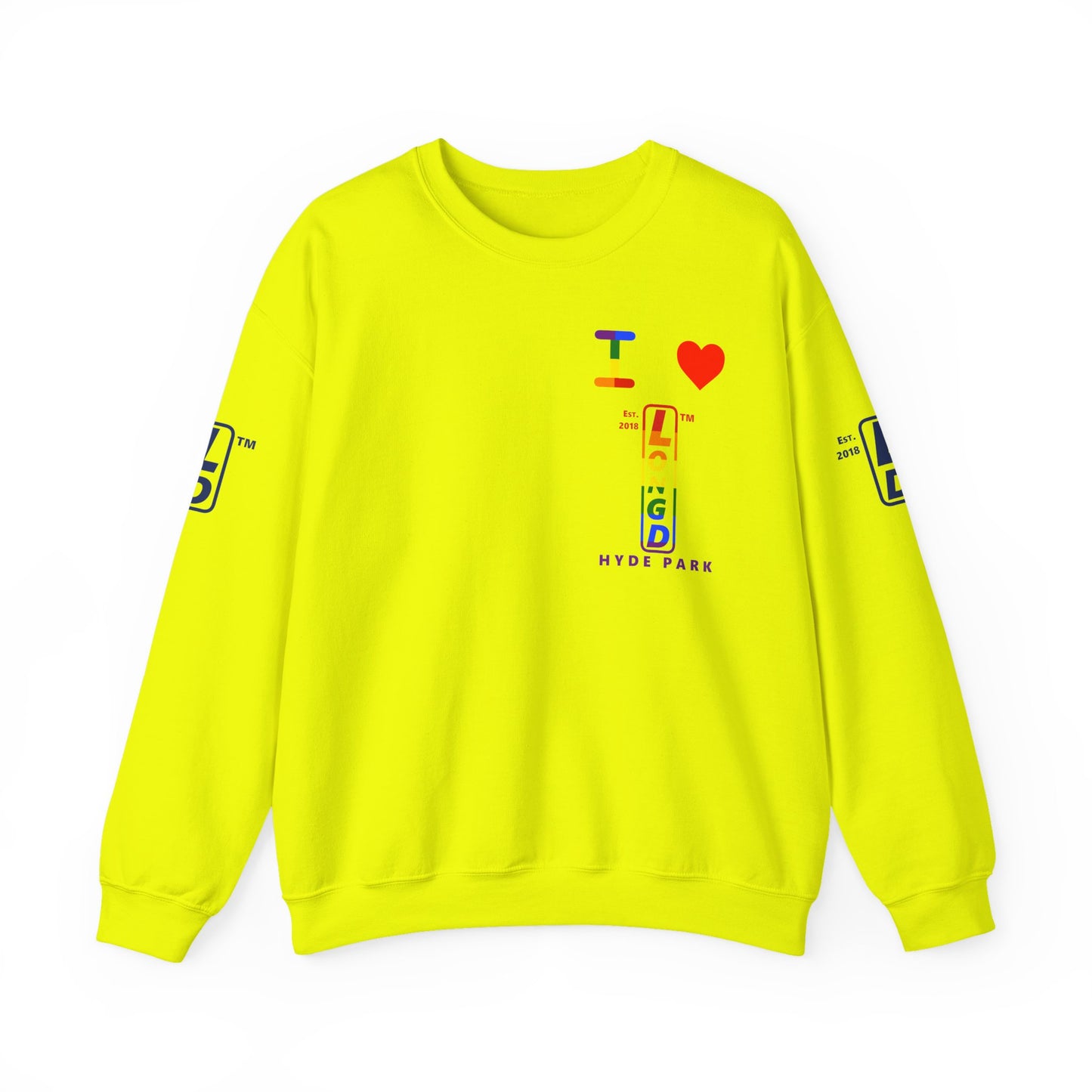 I Luv LongD positive horizontal 6-striped Hyde Park upright 4-print single-breasted logo crewneck sweatshirt (Pride colors)
