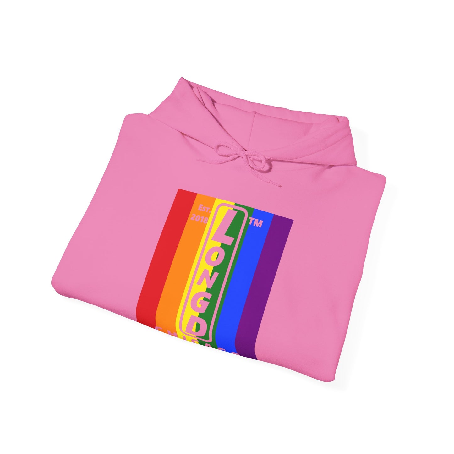 LongD® negative vertical 6-striped upright Chicago logo hoodie (Pride colors)