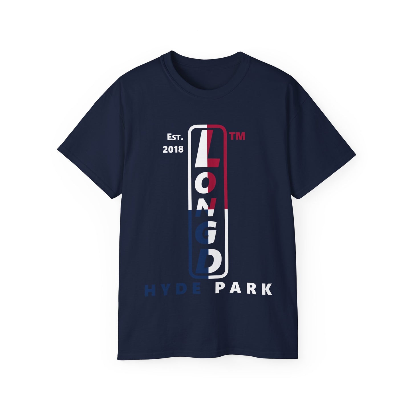 LongD cotton tee positive quarters Hyde Park upright logo (Patriotic colors)