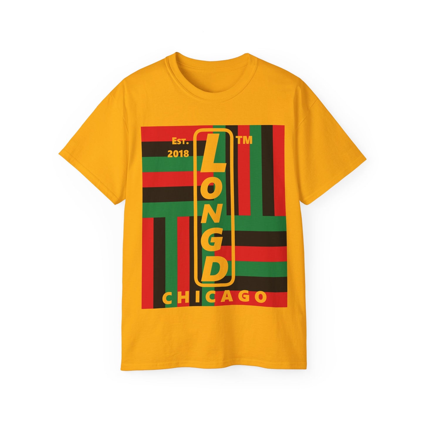 LongD Cotton Tee negative windmill Chicago upright logo (Juneteenth colors)