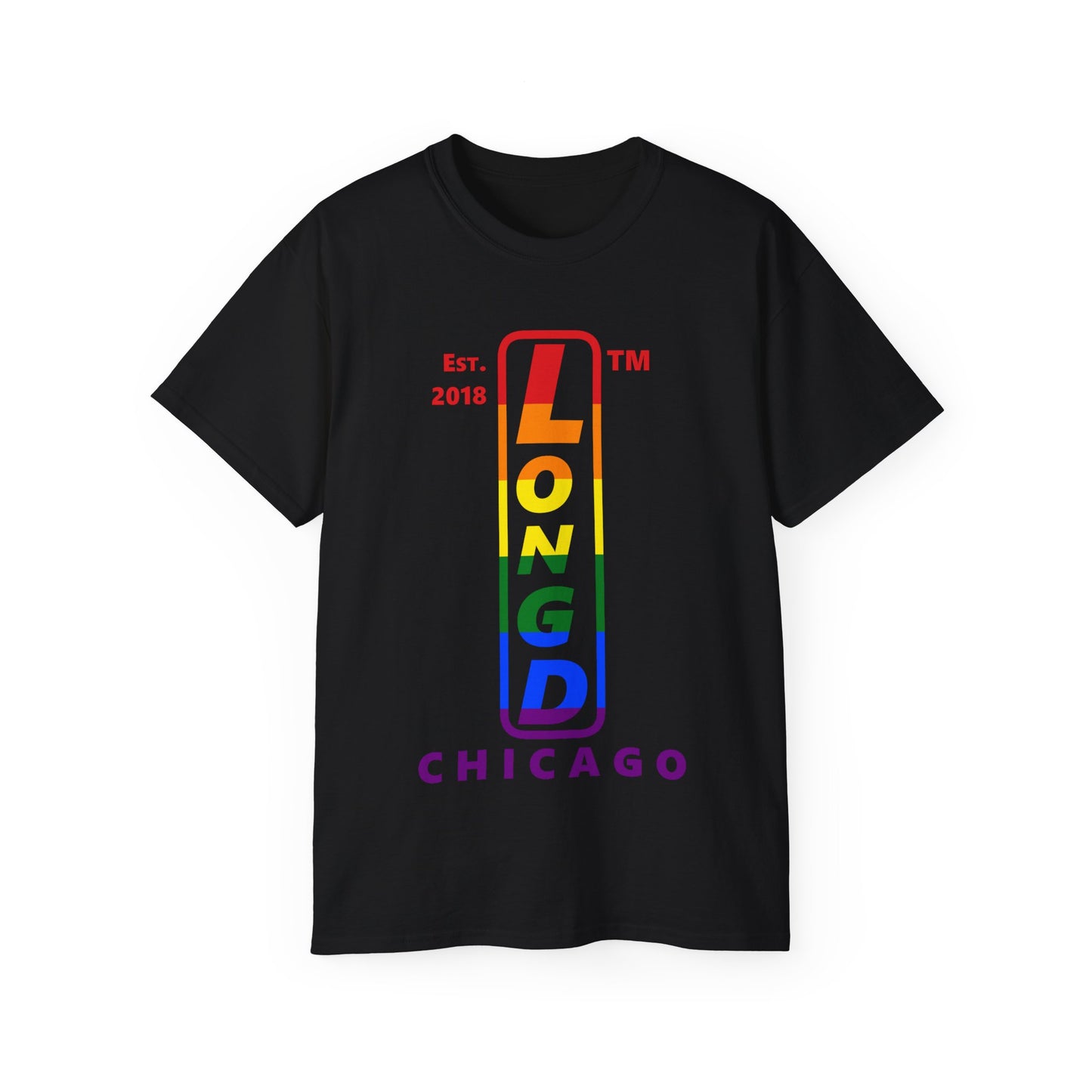 LongD Cotton Tee positive horizontal striped Chicago upright logo (Pride colors)