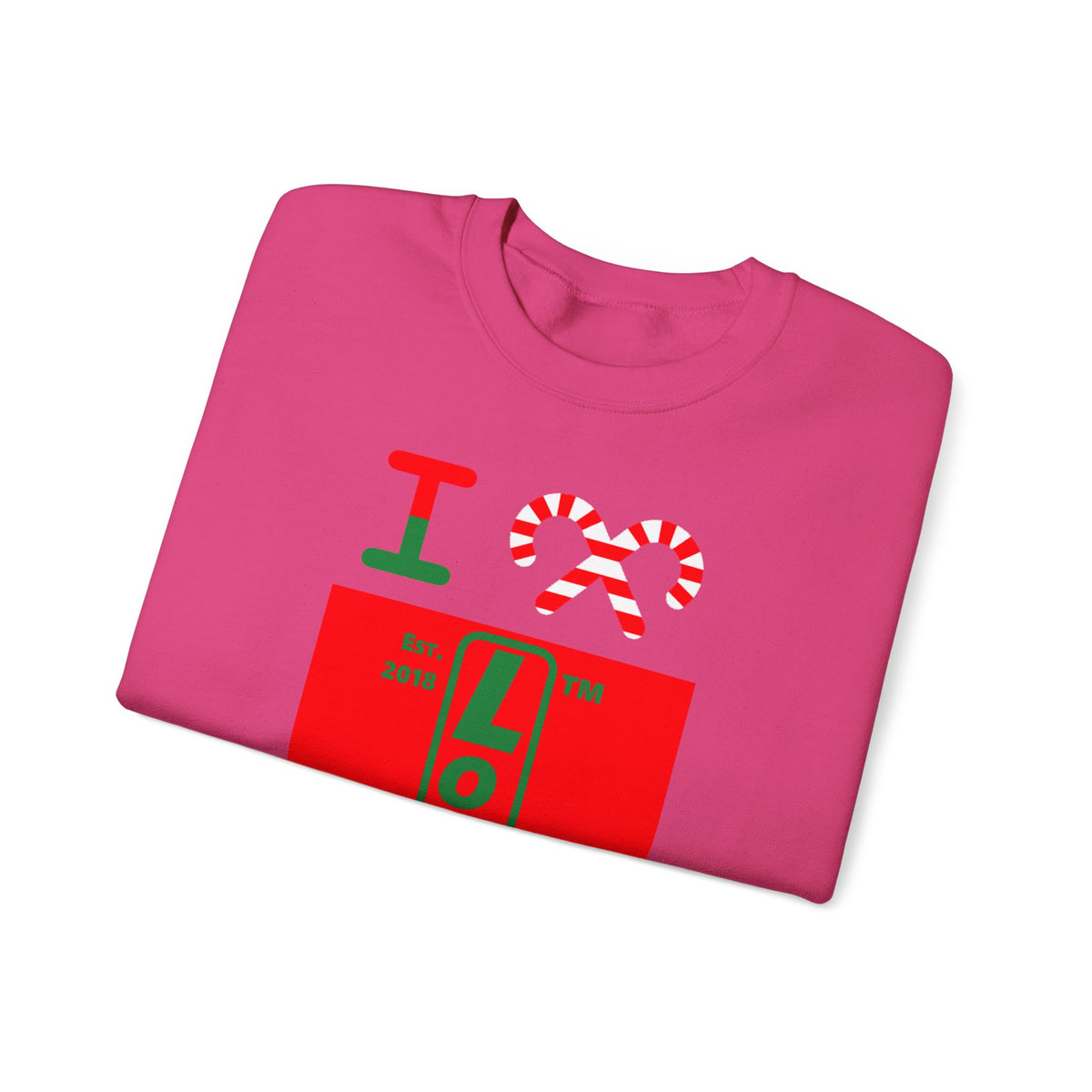 I candy cane LongD Chicago upright logo positive green on negative red crewneck sweatshirt