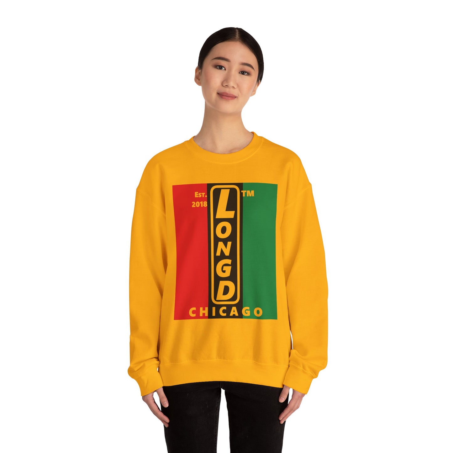 LongD negative vertical 3-striped Chicago upright logo crewneck sweatshirt (Juneteenth colors)