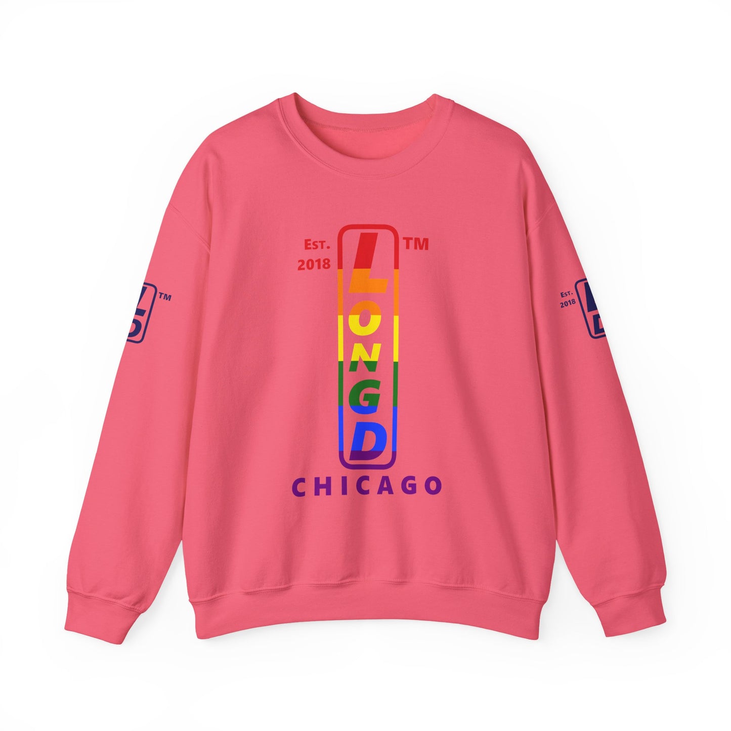 LongD positive horizontal 6-striped Chicago 4-print upright logo crewneck sweatshirt (Pride colors)