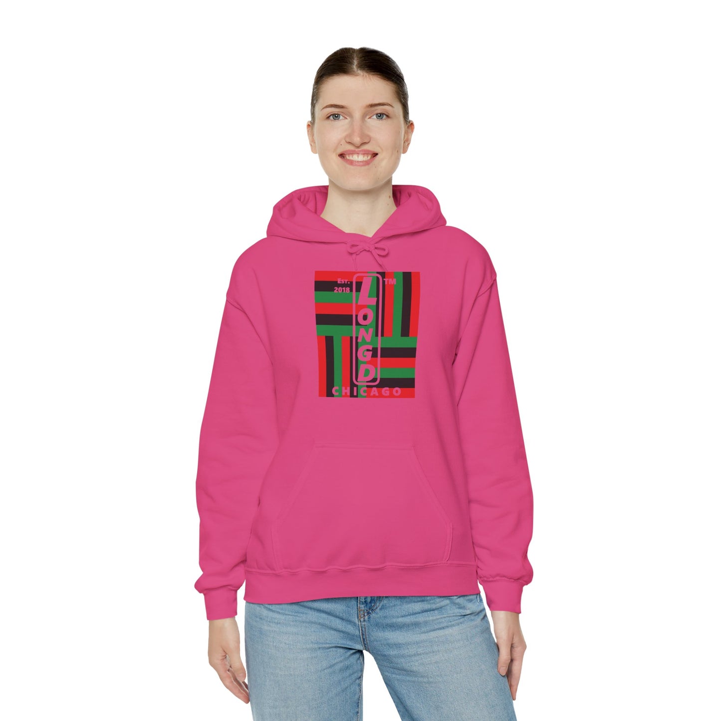 LongD® negative windmill upright Chicago logo hoodie (Juneteenth colors)