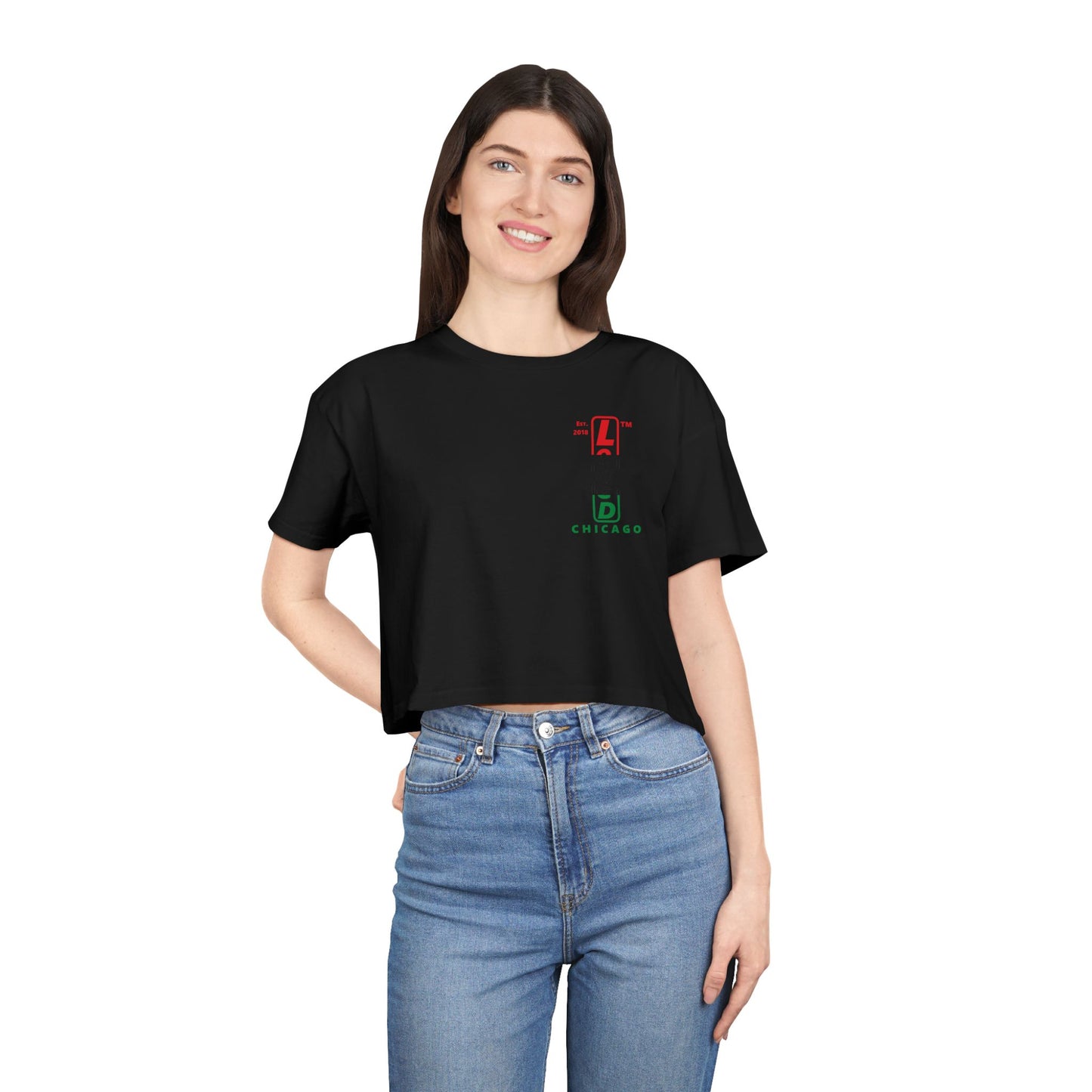 Positive horizontal 3-striped upright single-breasted Chicago logo crop tee (Juneteenth colors)
