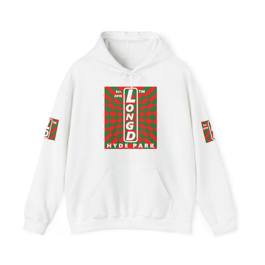 LongD Hyde Park negative upright stylized argyle 4-print logo (Xmas colors) hoodie