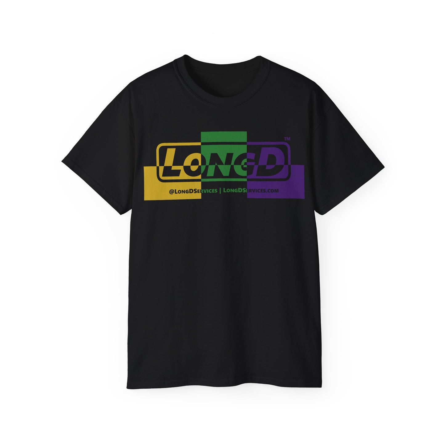 LongD® Logo Cotton Tee (verigated Mardi Gras colored text)