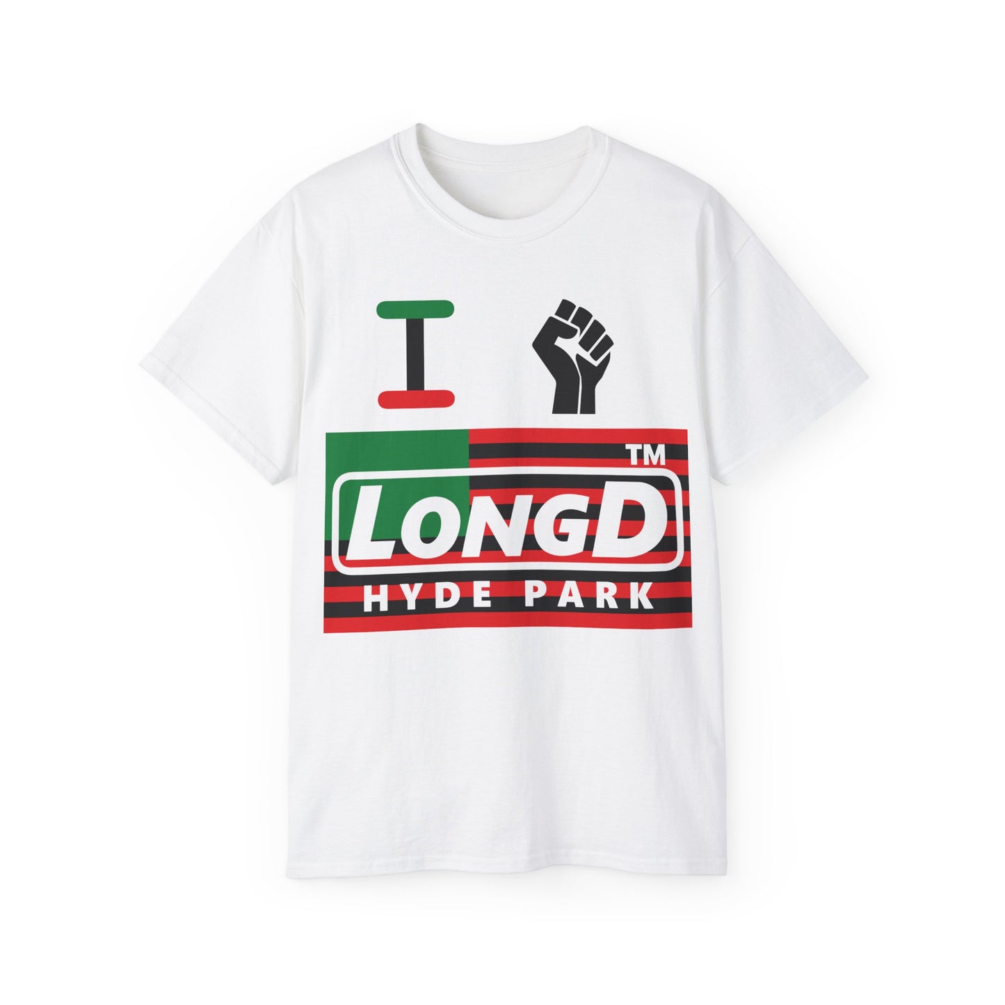 I fist LongD negative flag Hyde Park logo cotton tee