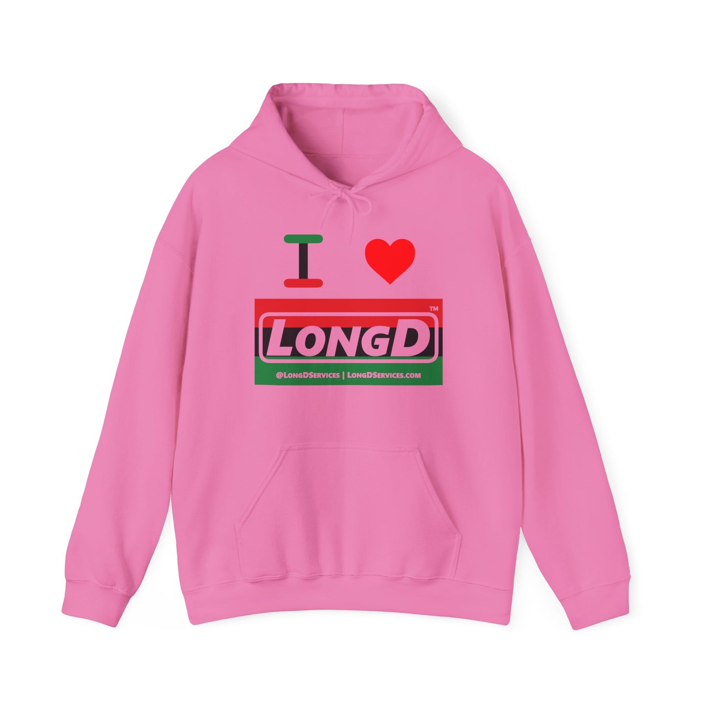 I Luv LongD® Logo Hoodie with Juneteenth striped negative text