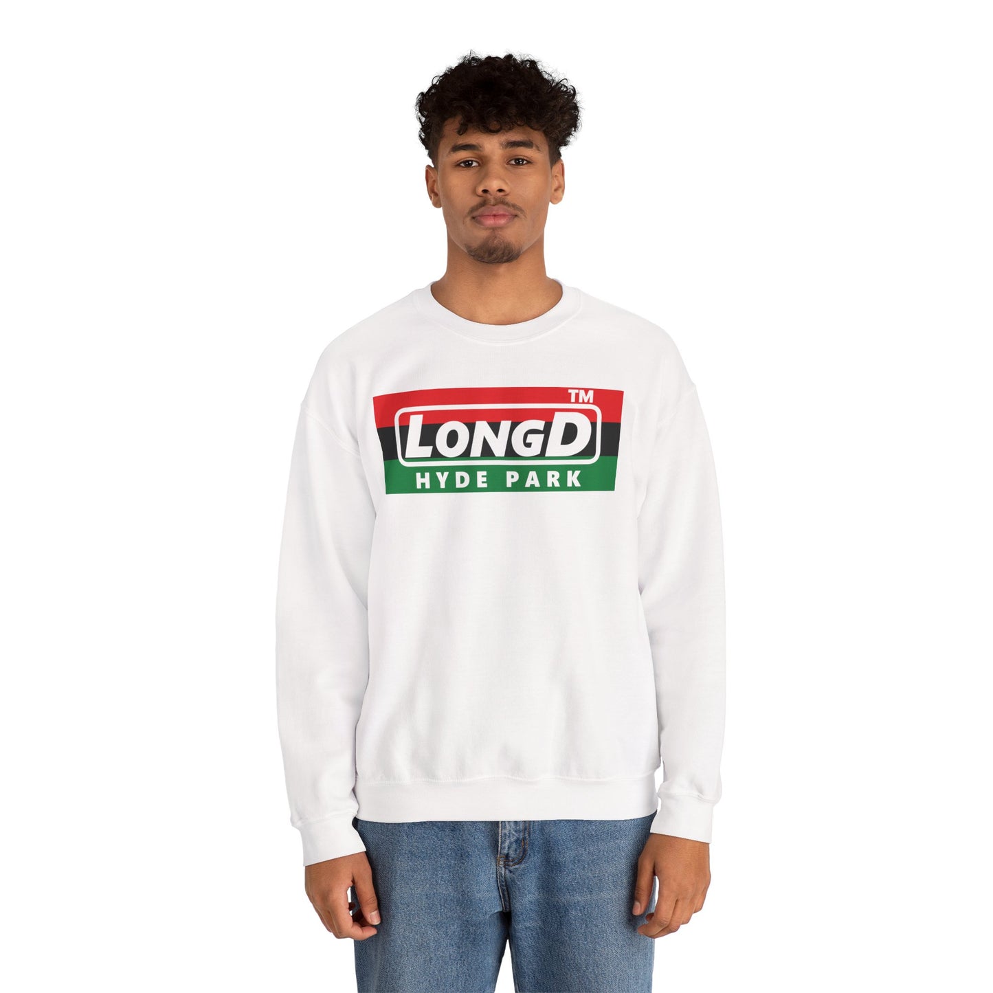 LongD negative horizontal 3-striped Hyde Park logo crewneck sweatshirt (Juneteenth colors)
