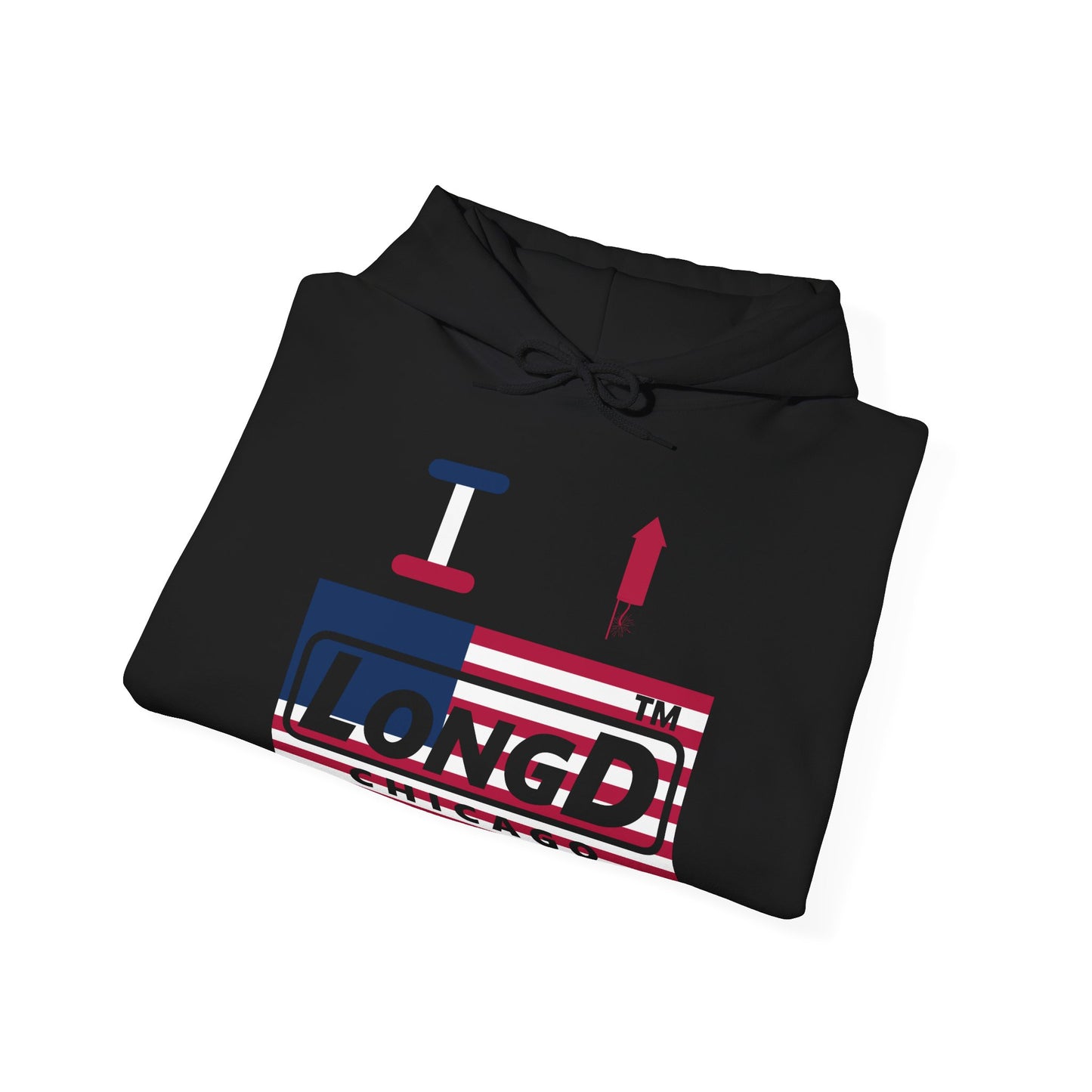 I firecracker LongD® negative flag front-back double breasted Chicago logo hoodie