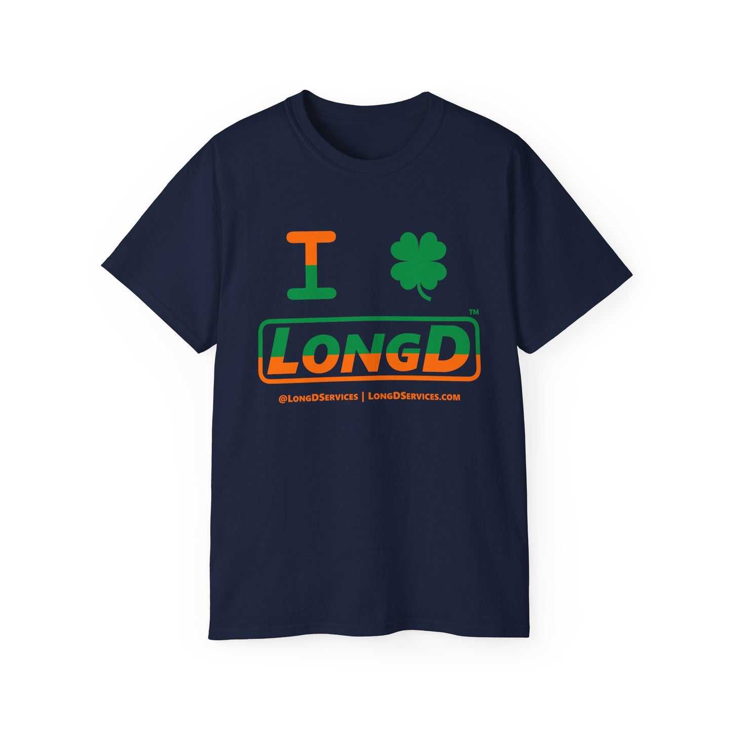 I Clover LongD® Logo Cotton Tee (St. Patrick's Day -Irish Green and Irish Orange top-bottom split with 4-leaf clover)
