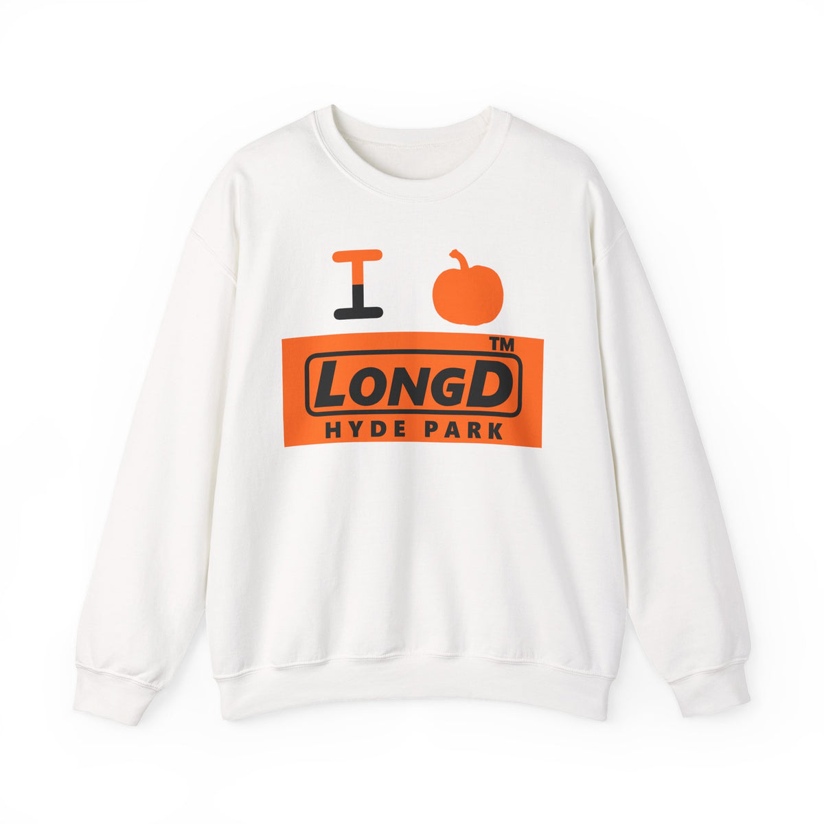 I pumpkin LongD Hyde Park logo positive black on negative orange crewneck sweatshirt