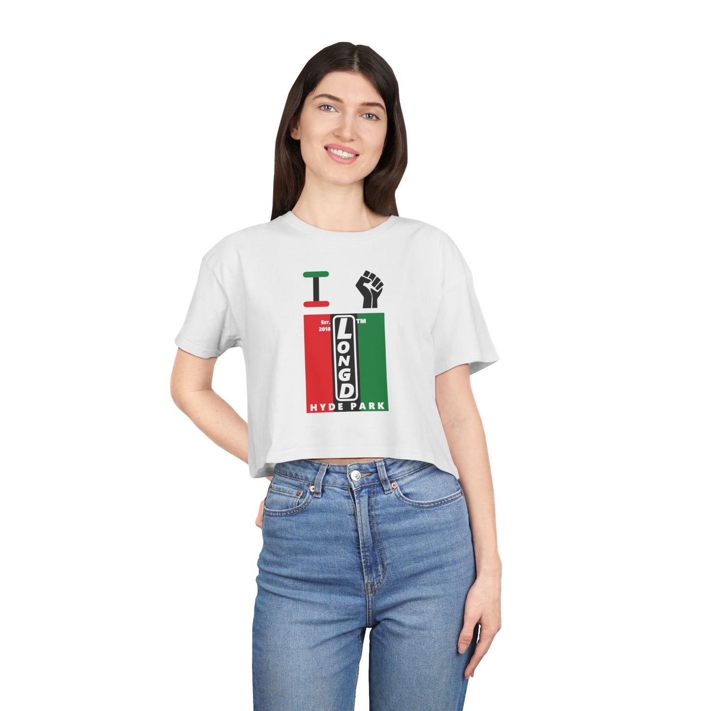 I fist LongD negative vertical 3-striped upright front-back Hyde Park logo crop tee (Juneteenth colors)